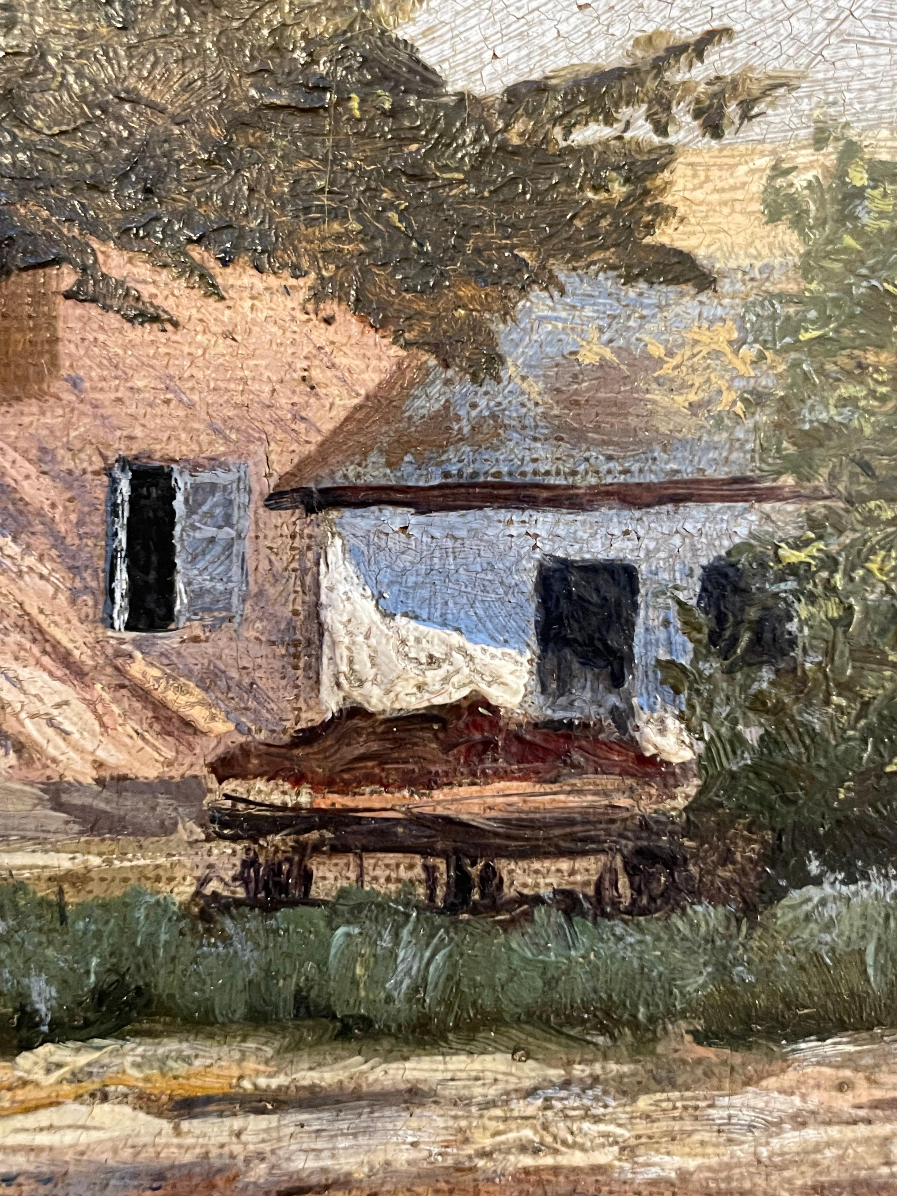 Antiguo óleo danés de 1904 sobre un paisaje pastoral de una granja junto a un lago en venta 3