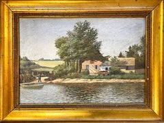 Antique Danish pastoral landscape oil painting from 1904 of farm at a lake