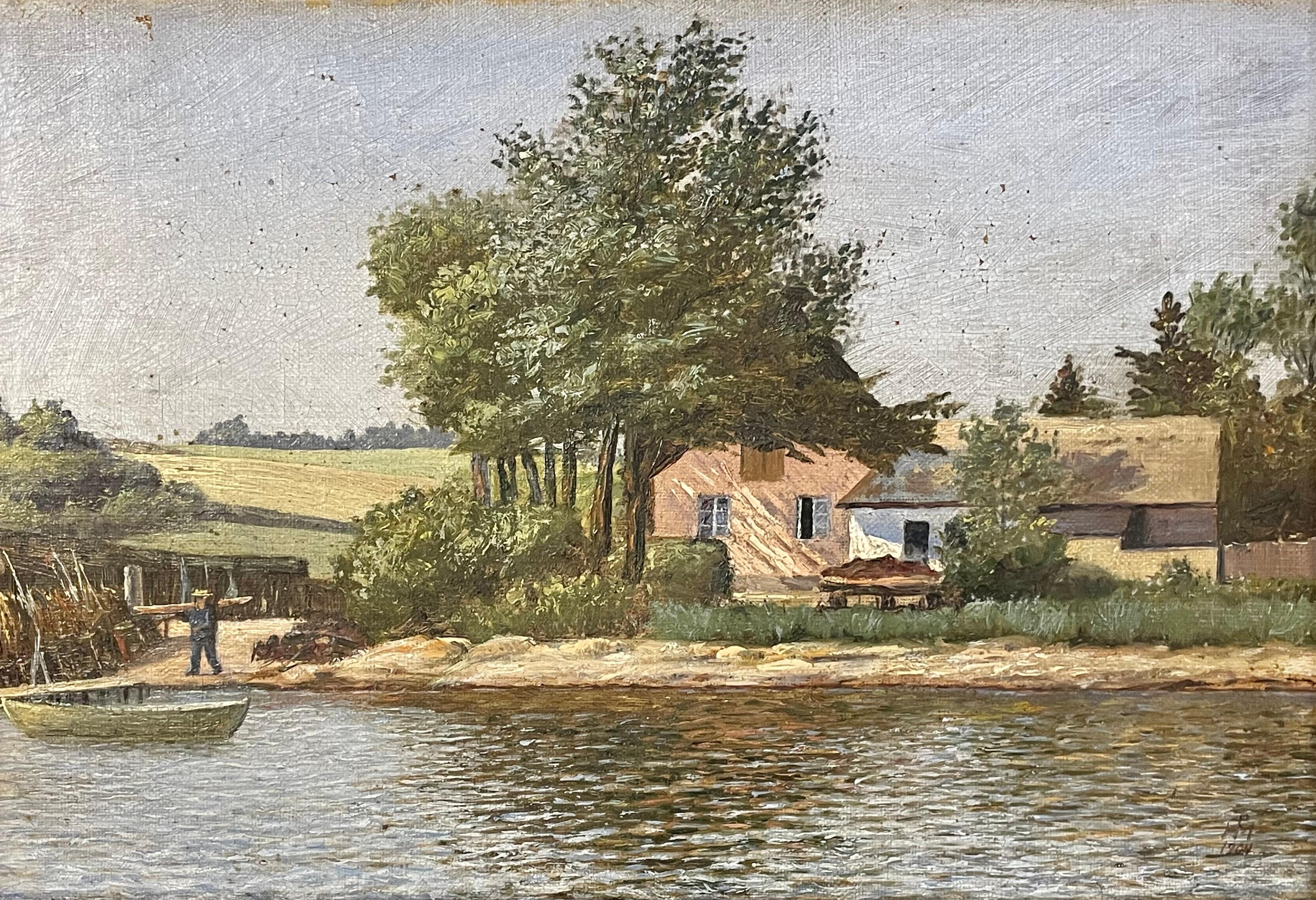 Antiguo óleo danés de 1904 sobre un paisaje pastoral de una granja junto a un lago Art Decó en venta