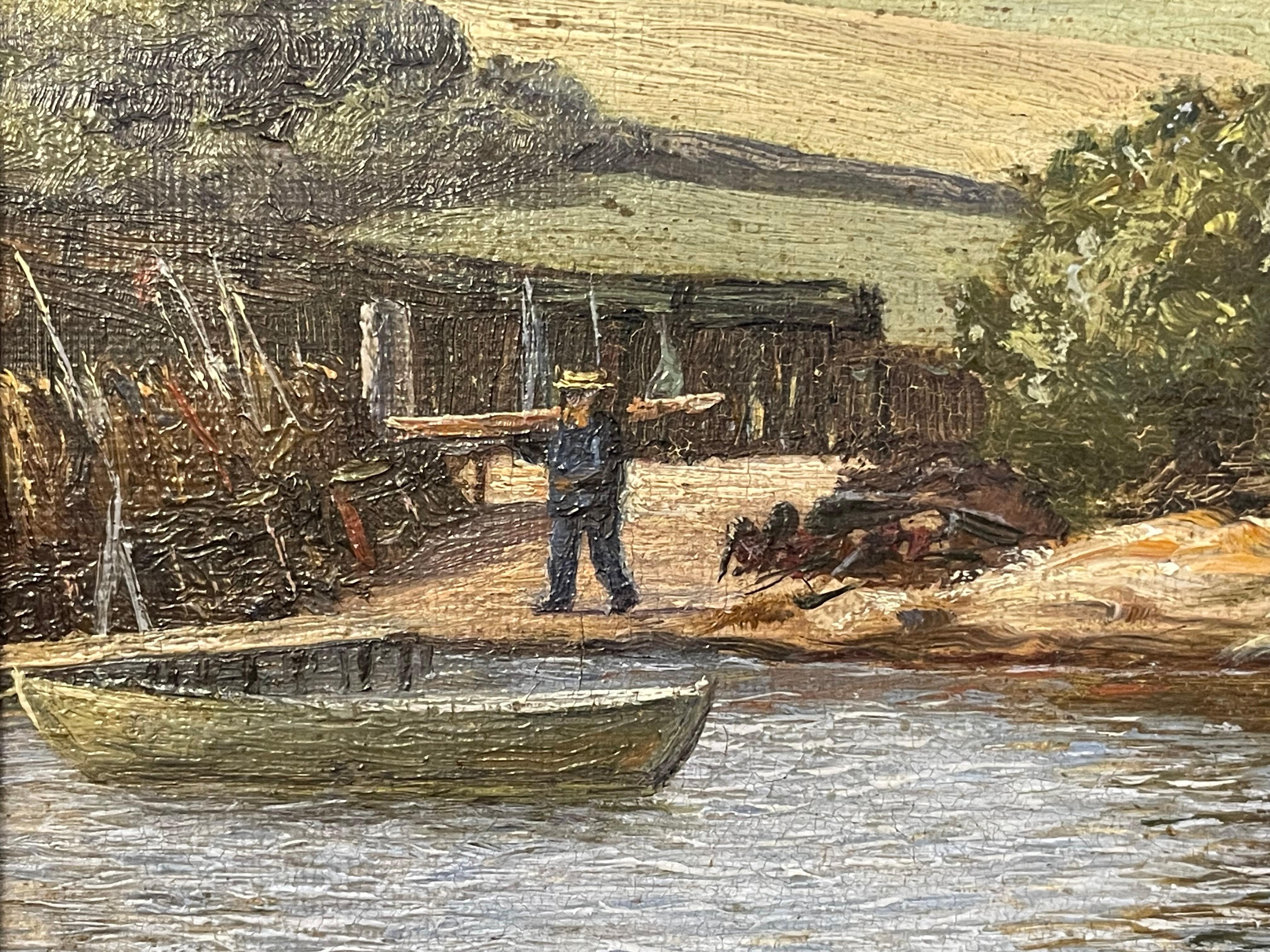Antiguo óleo danés de 1904 sobre un paisaje pastoral de una granja junto a un lago Danés en venta
