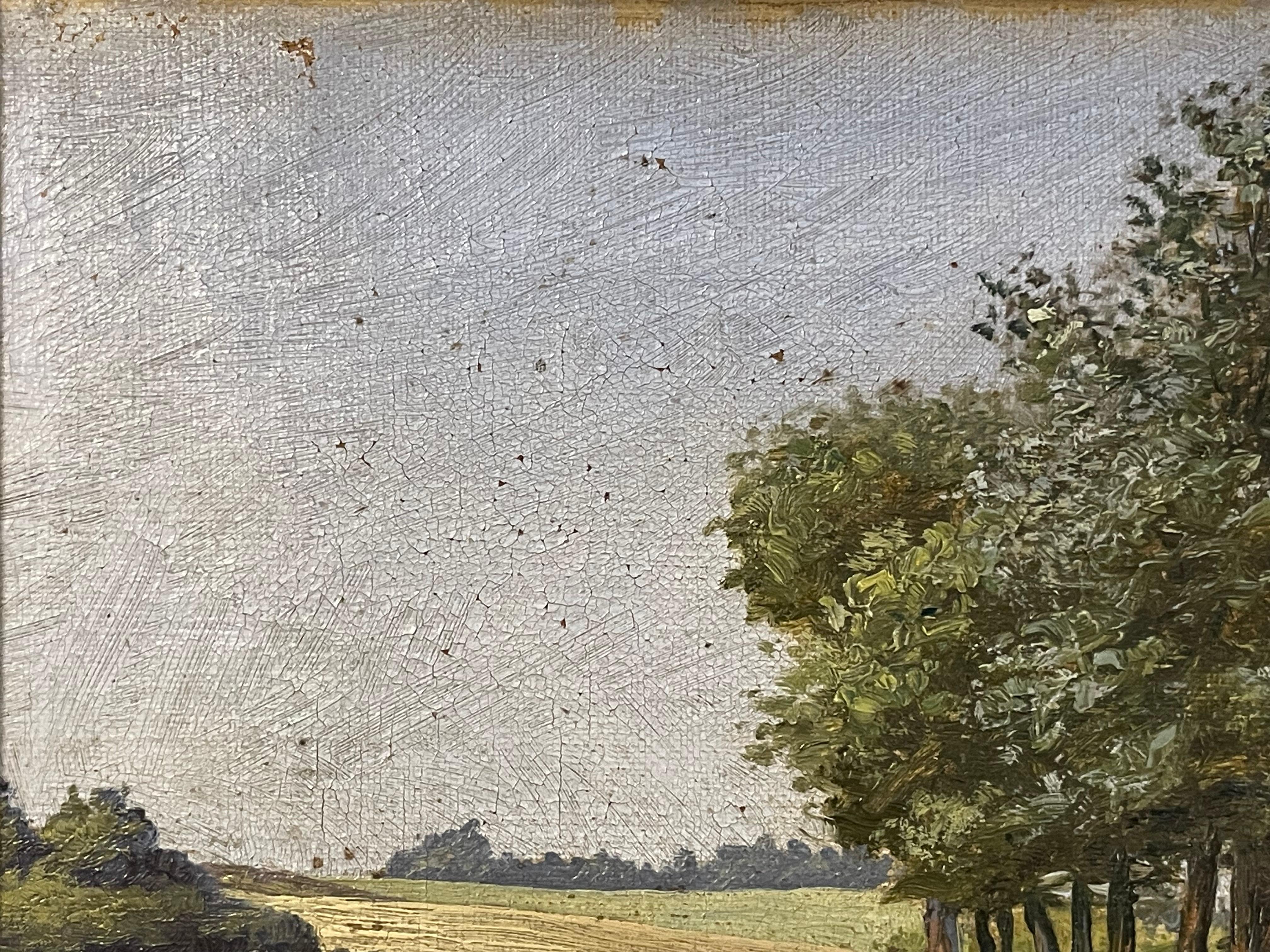 Antiguo óleo danés de 1904 sobre un paisaje pastoral de una granja junto a un lago Pintado en venta