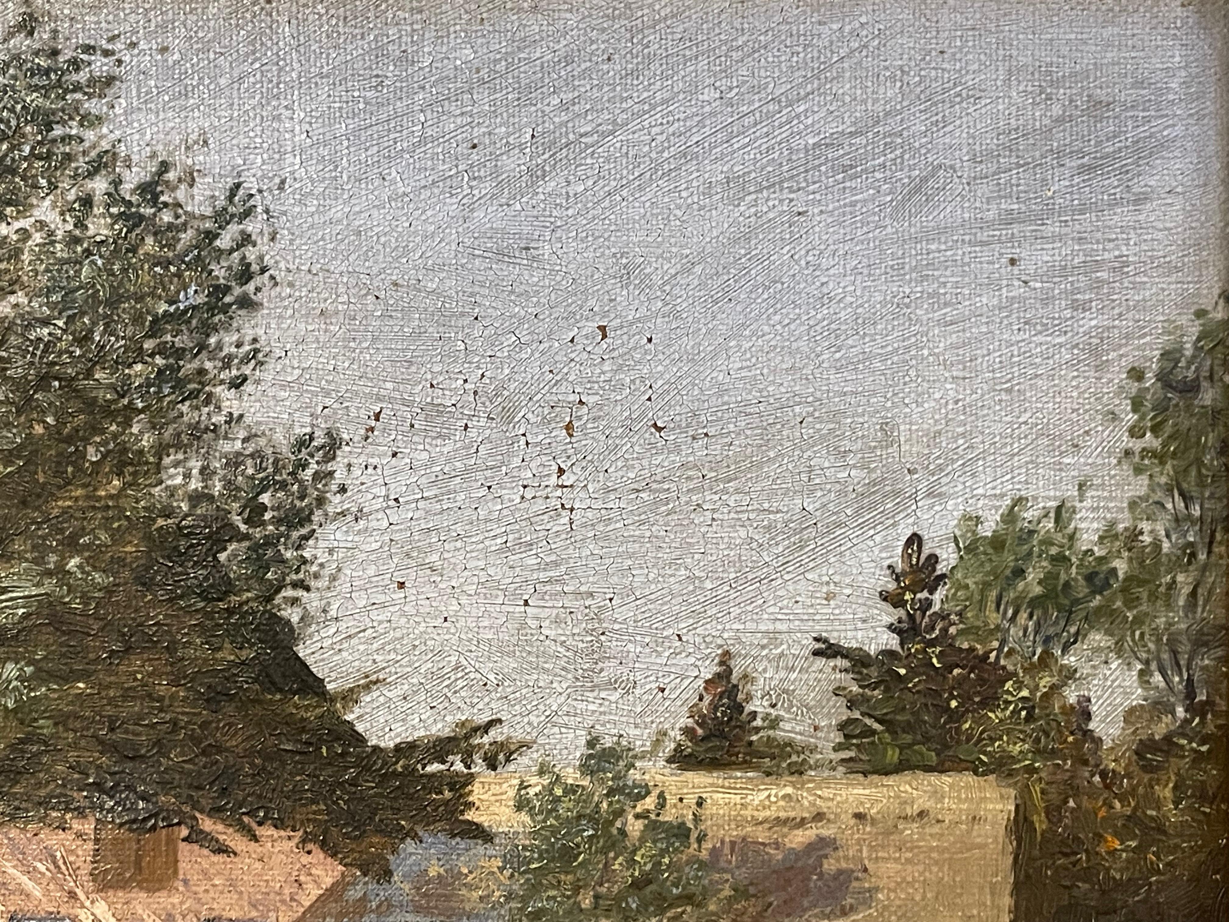 Antiguo óleo danés de 1904 sobre un paisaje pastoral de una granja junto a un lago en Bueno estado para la venta en Ebberup, DK