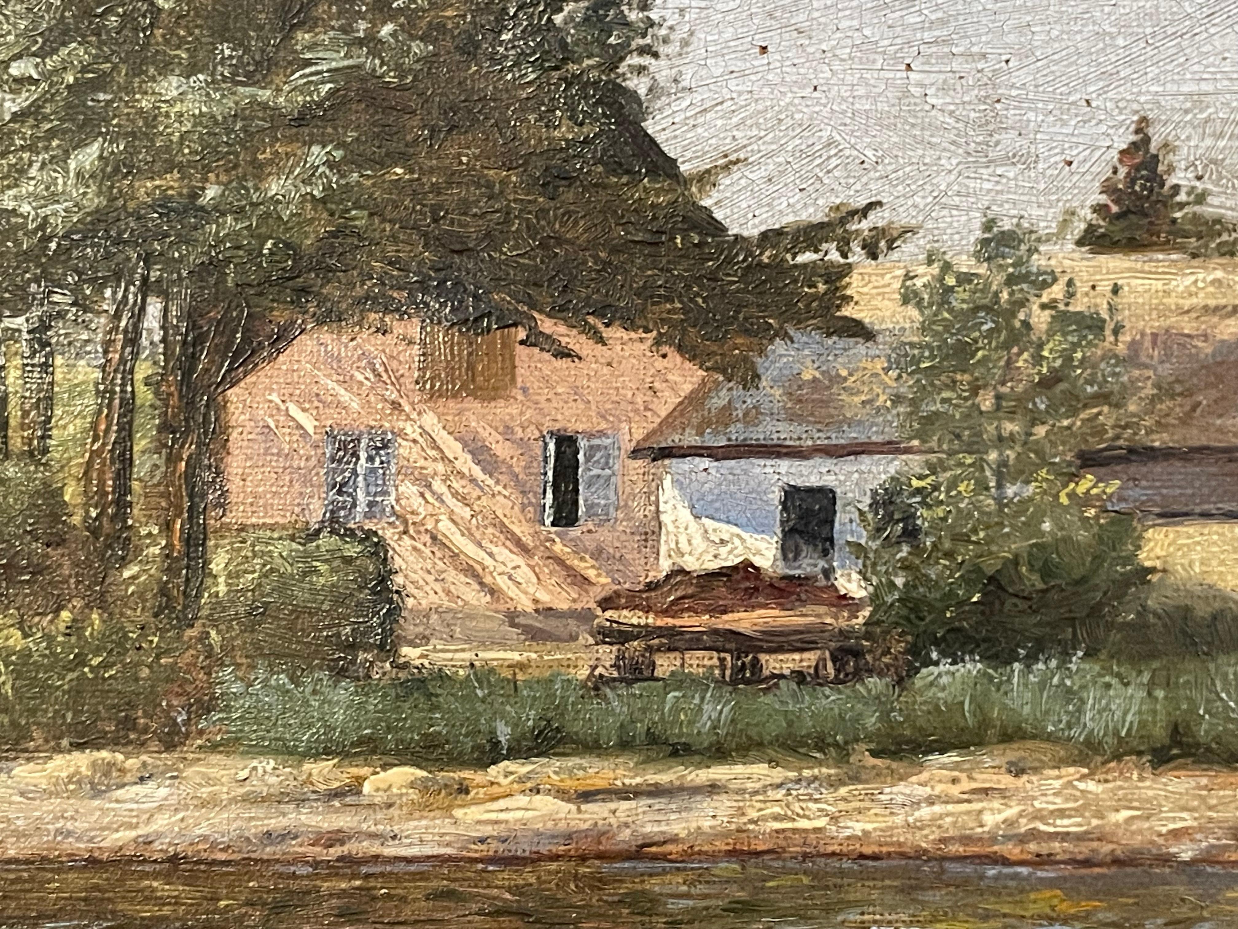 Antiguo óleo danés de 1904 sobre un paisaje pastoral de una granja junto a un lago siglo XX en venta