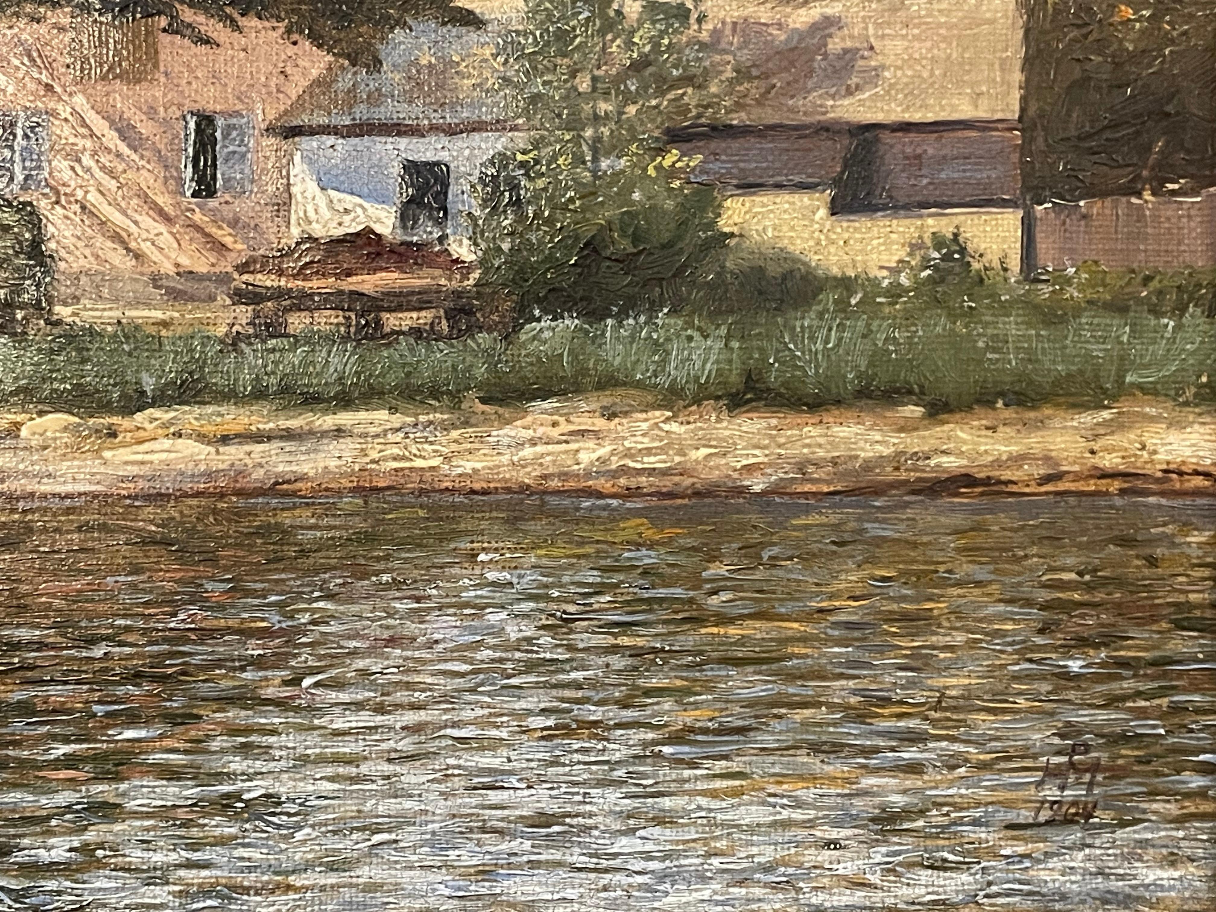 Antiguo óleo danés de 1904 sobre un paisaje pastoral de una granja junto a un lago Pintura en venta