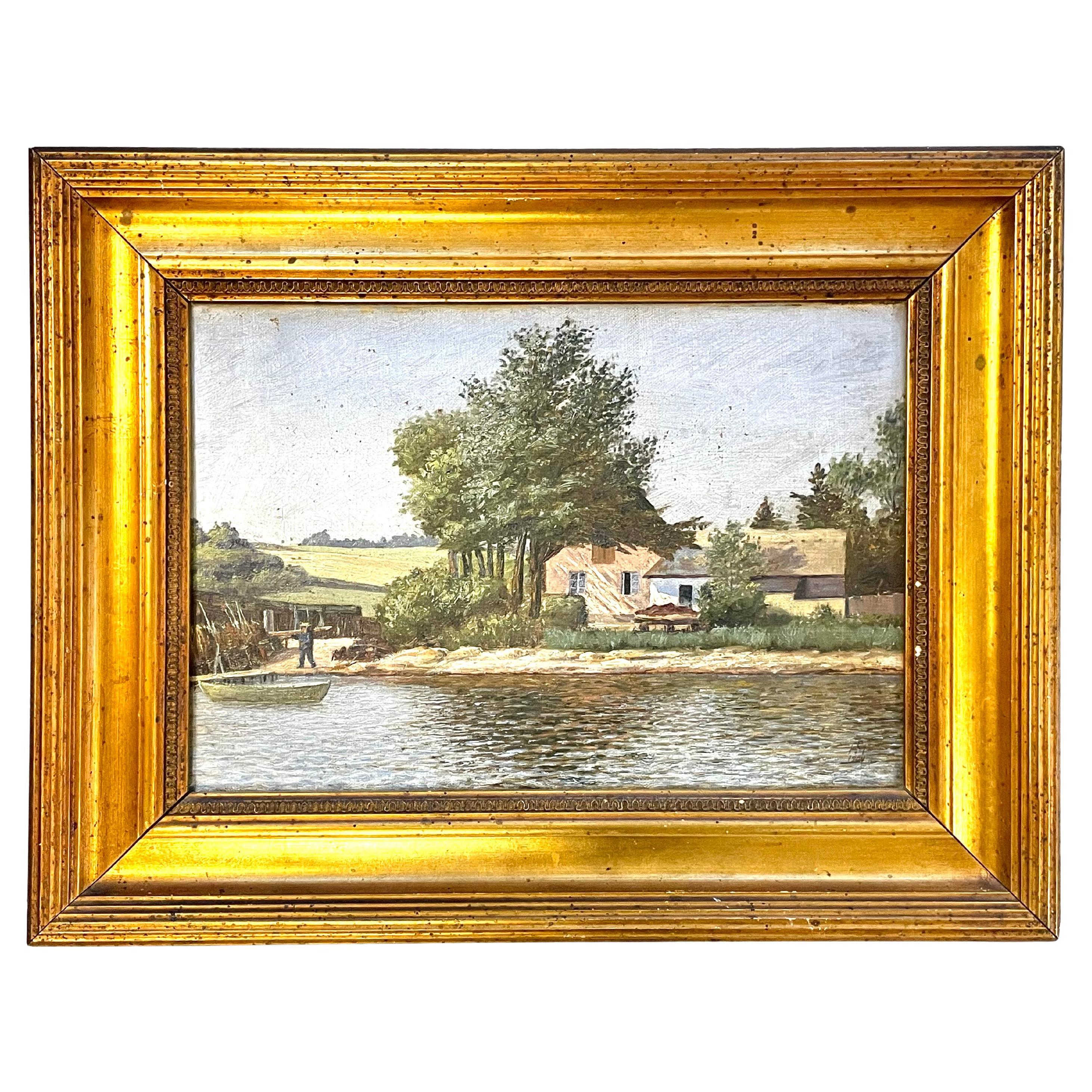 Antiguo óleo danés de 1904 sobre un paisaje pastoral de una granja junto a un lago en venta