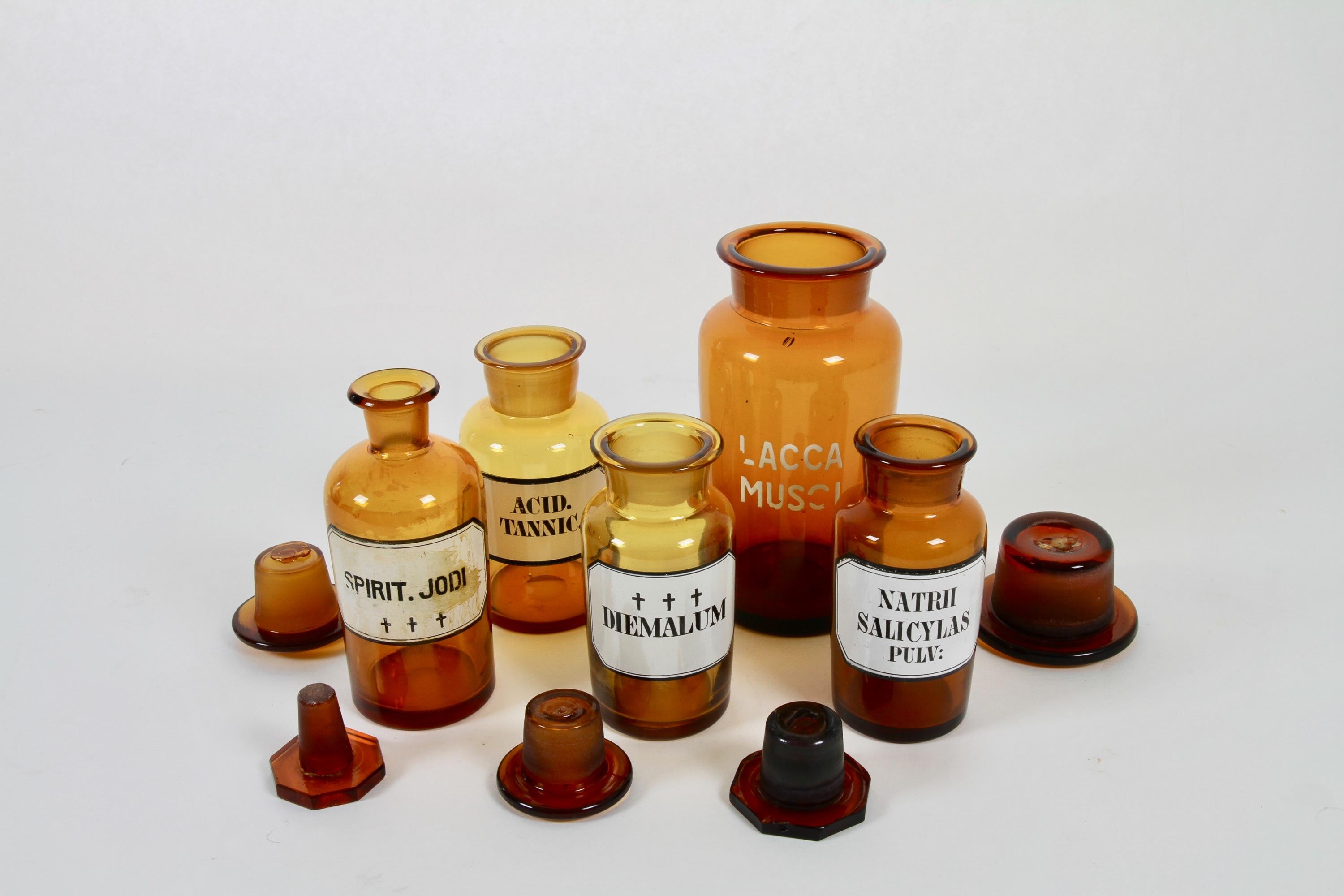Industrial Antique Danish Pharmacy Glass Bottles, 1900s, Set of 5