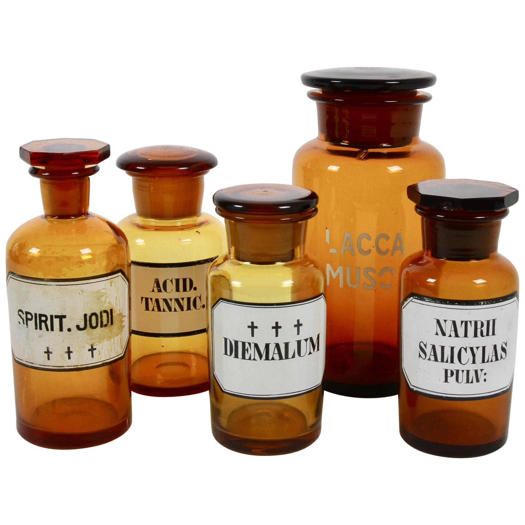 Antique Danish Pharmacy Glass Bottles, 1900s, Set of 5