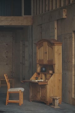 Antique Danish Pine Drop-Front Secretary with Upper Cabinet, Mid 19th Century