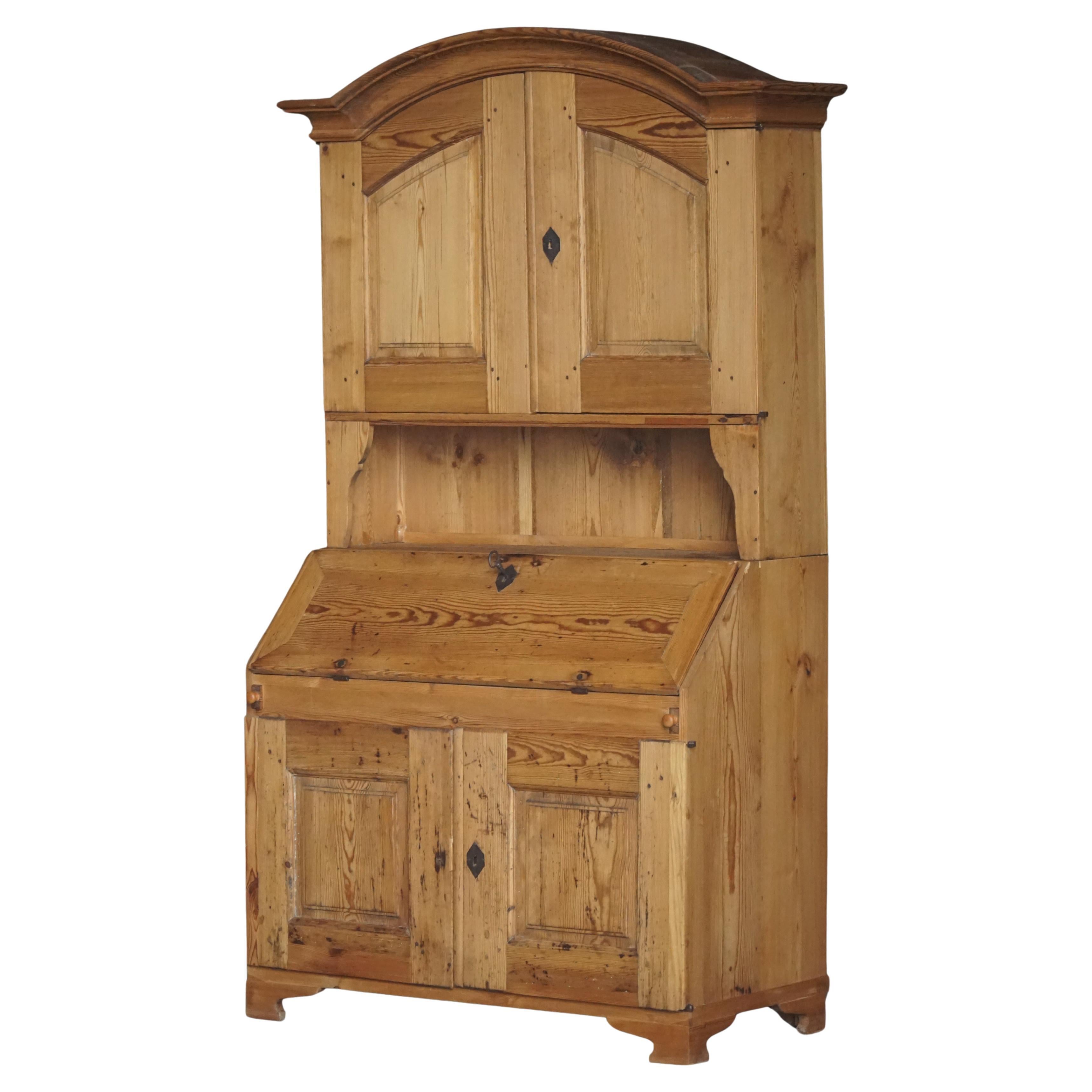 Antique Danish Pine Drop-Front Secretary with Upper Cabinet, Mid 19th Century For Sale