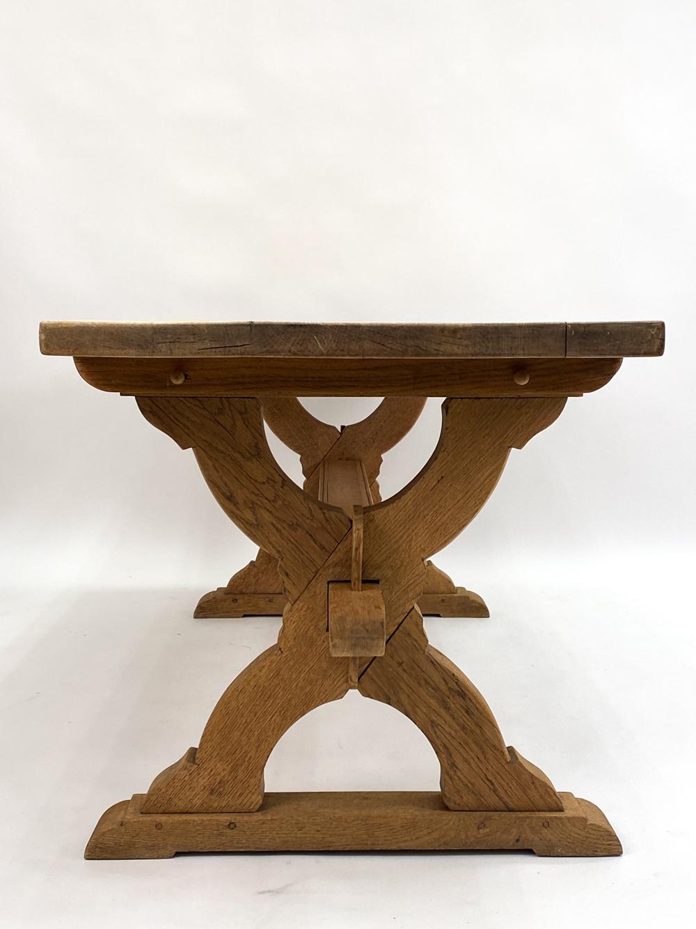Antique Danish Provincial Carved Oak Trestle Base Dining Table For Sale 7