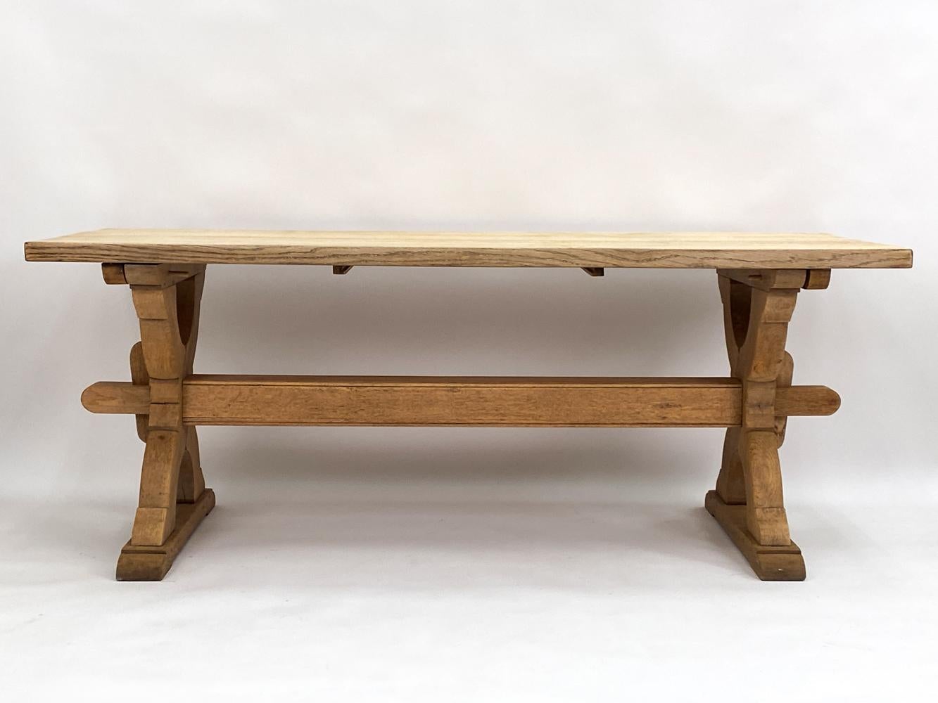 19th Century Antique Danish Provincial Carved Oak Trestle Base Dining Table For Sale
