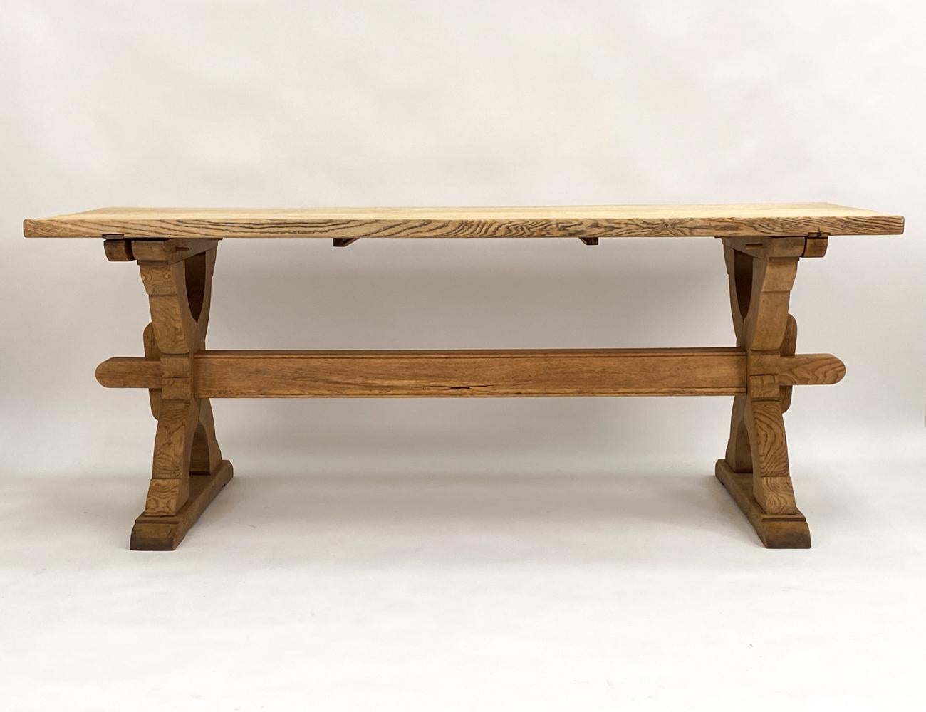 Antique Danish Provincial Carved Oak Trestle Base Dining Table For Sale 4