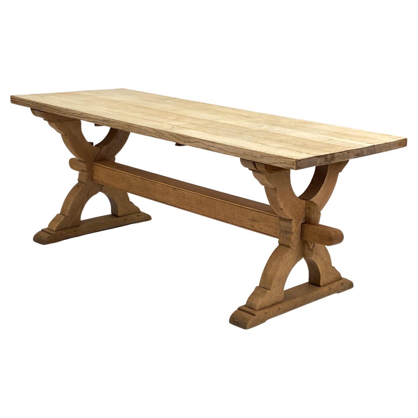 Antique Danish Provincial Carved Oak Trestle Base Dining Table