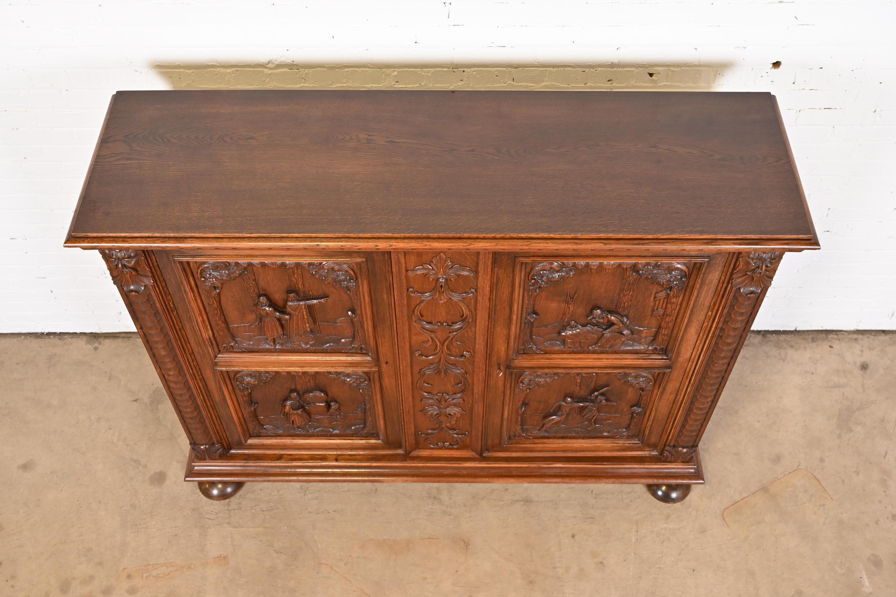 Antique Danish Renaissance Revival Ornate Carved Oak Sideboard or Bar Cabinet 13
