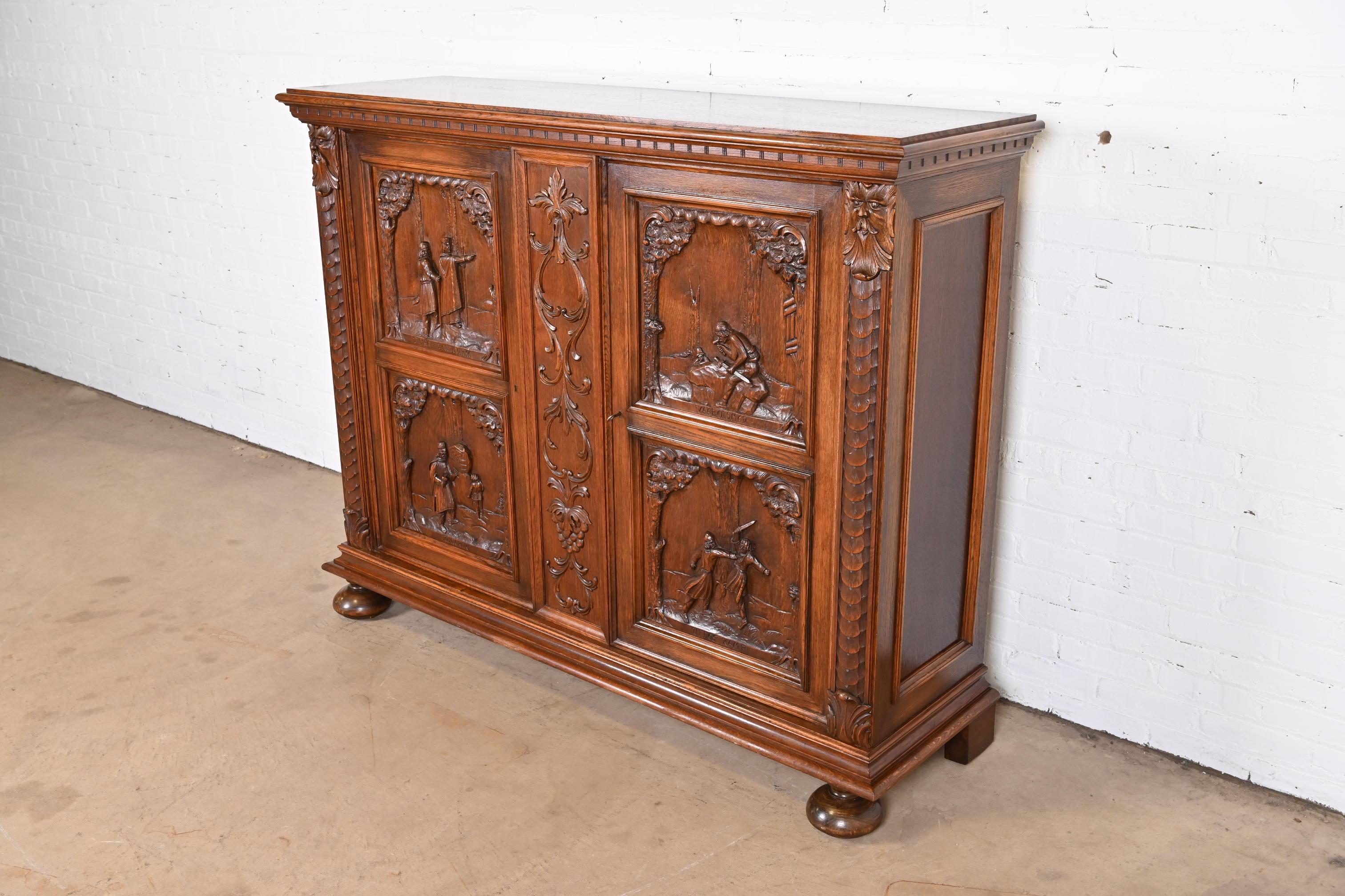 Antique Danish Renaissance Revival Ornate Carved Oak Sideboard or Bar Cabinet In Good Condition In South Bend, IN