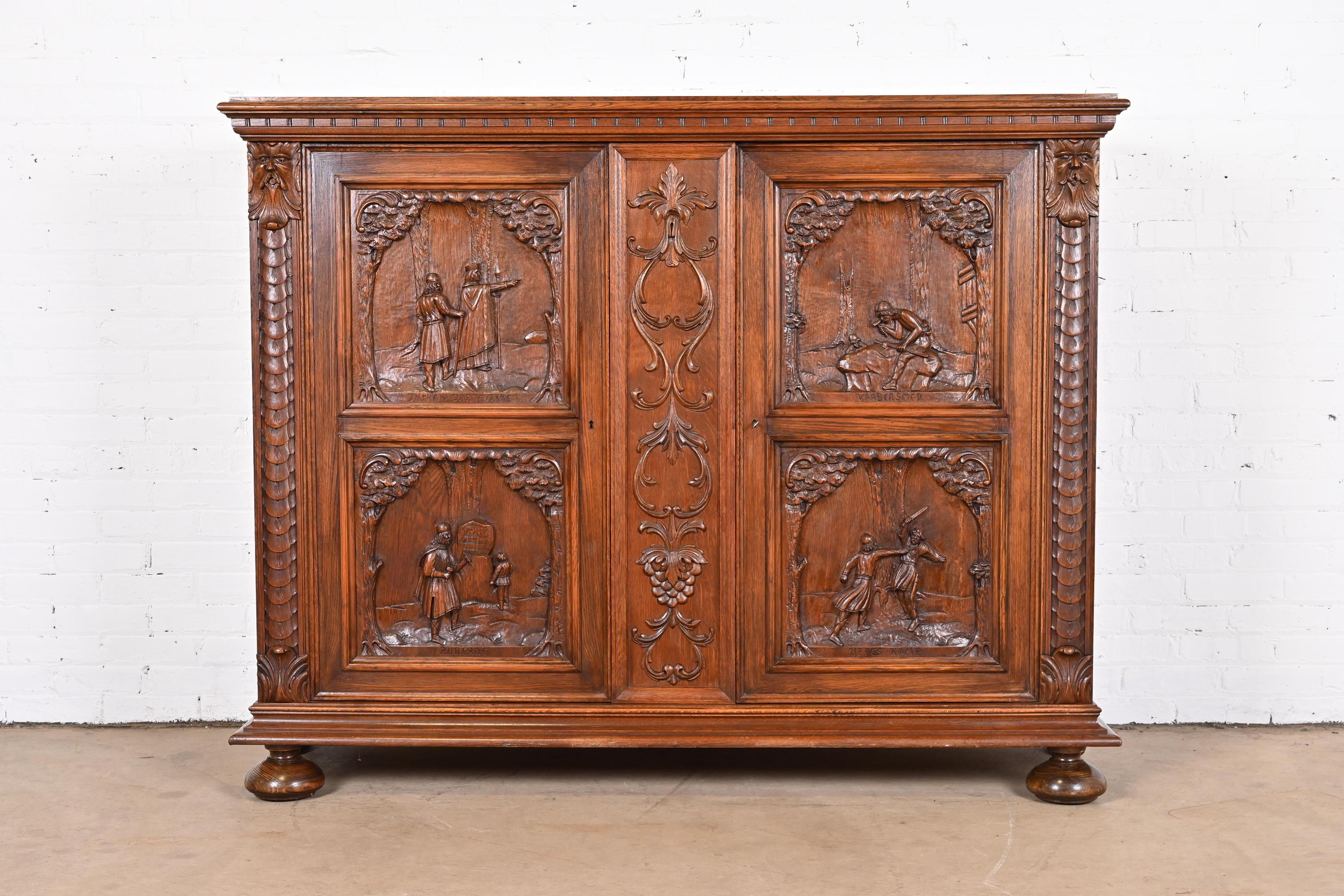 19th Century Antique Danish Renaissance Revival Ornate Carved Oak Sideboard or Bar Cabinet