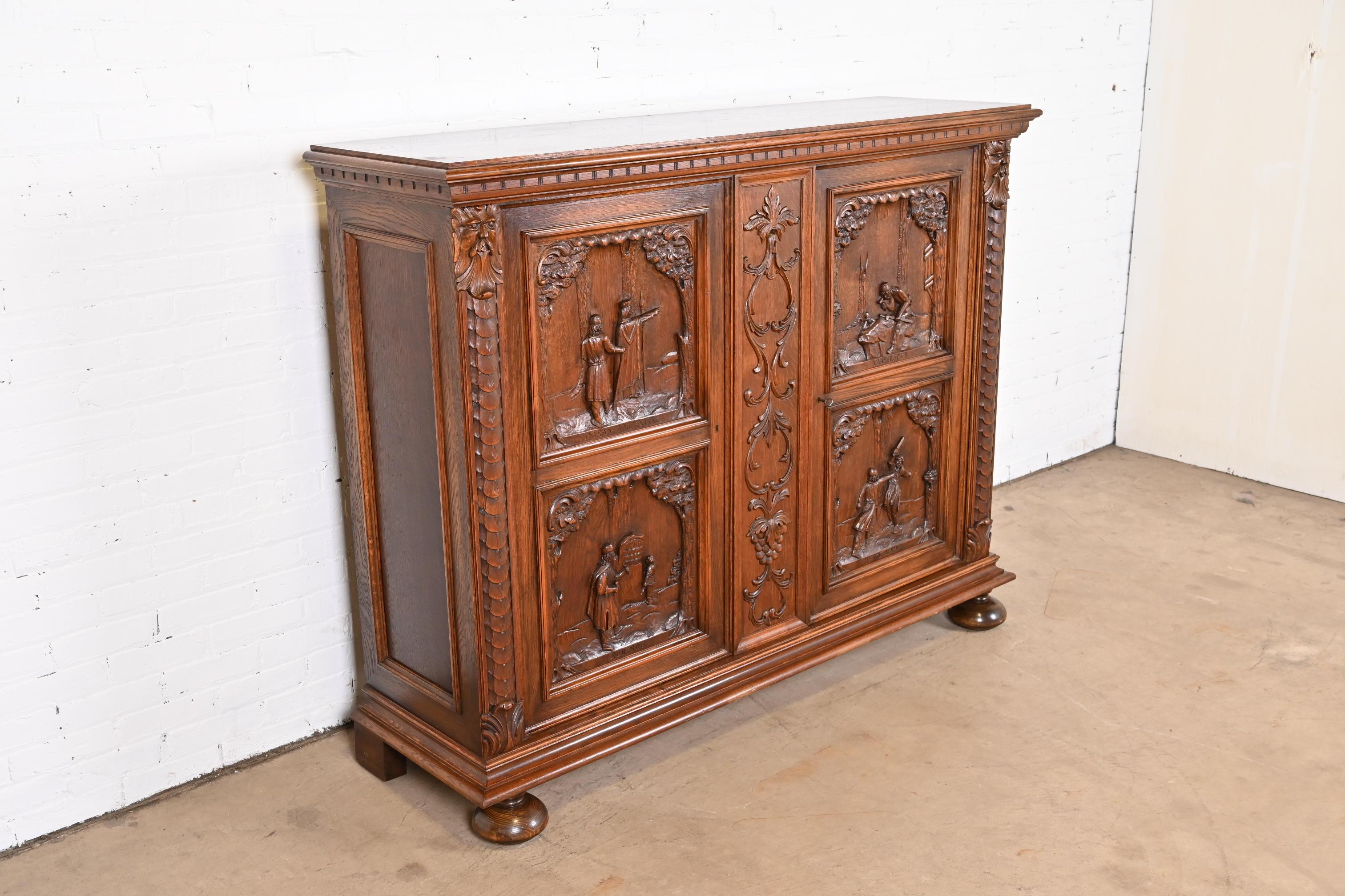 Antique Danish Renaissance Revival Ornate Carved Oak Sideboard or Bar Cabinet 1