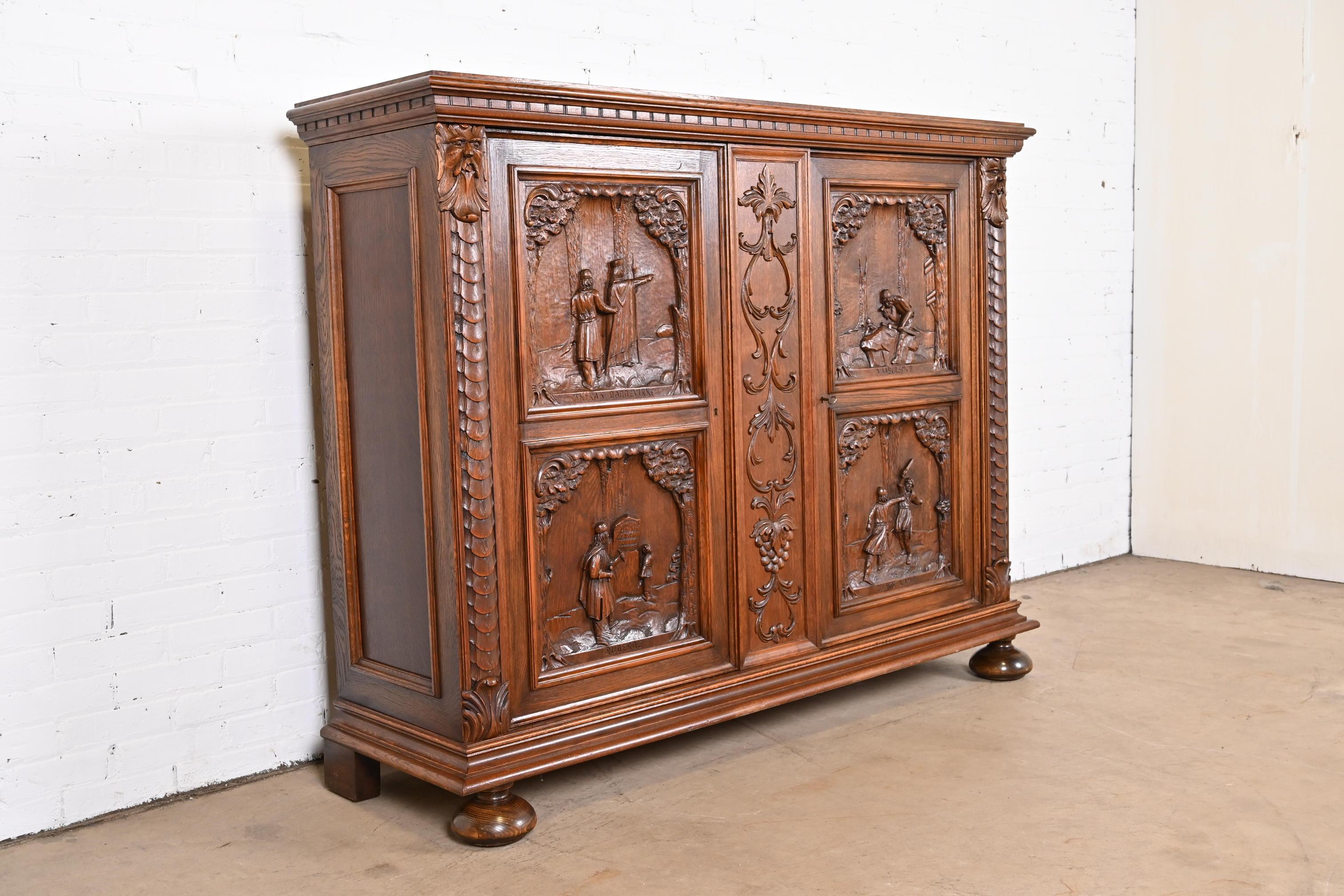 Antique Danish Renaissance Revival Ornate Carved Oak Sideboard or Bar Cabinet 2