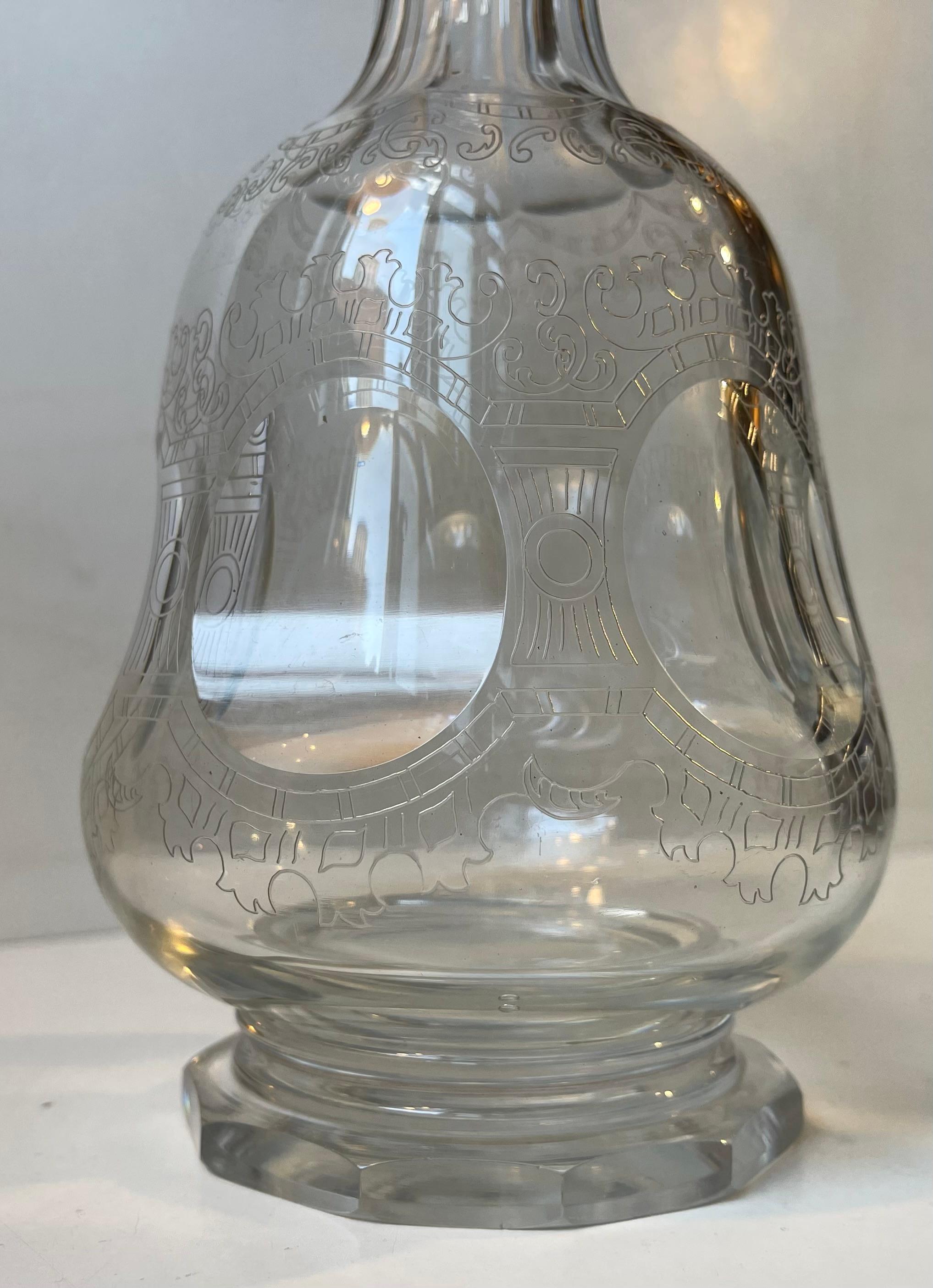 Late Victorian Antique Danish Royal Family Decanter in Engraved Crystal, 1920s For Sale