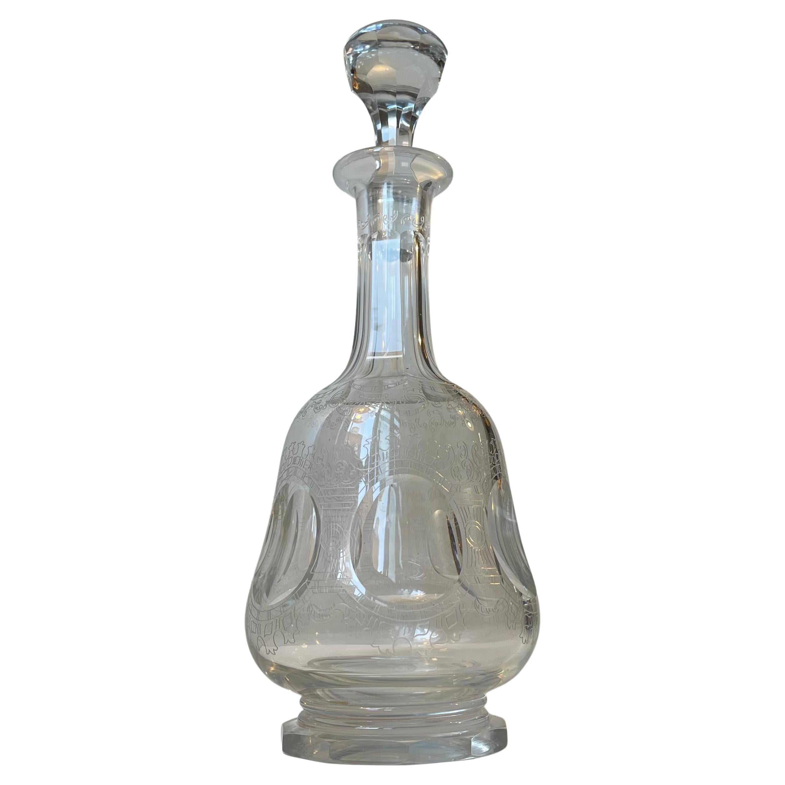 Antique Danish Royal Family Decanter in Engraved Crystal, 1920s For Sale