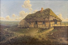 Antique Danish rural landscape painting of quiet scene with half-timbered house