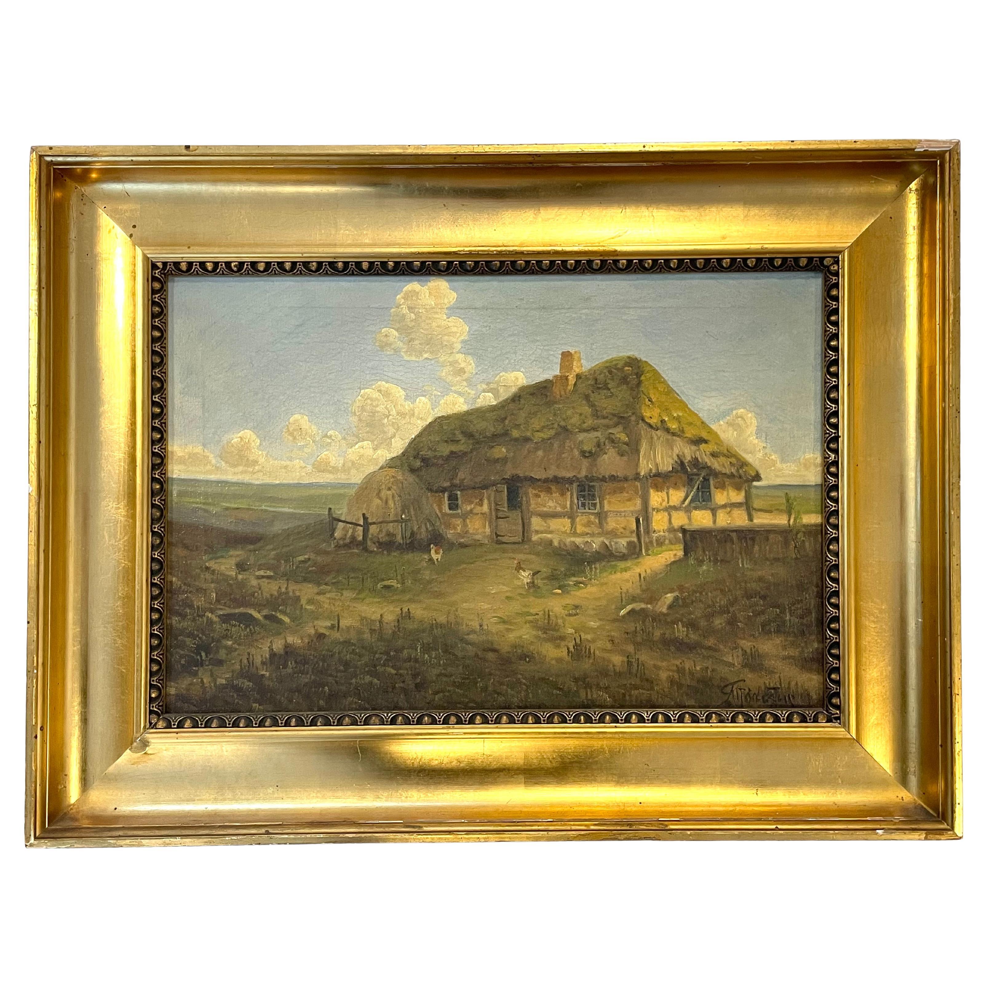 Antikes dänisches Landschaftsgemälde einer ruhigen Szene mit Fachwerkhaus im Angebot
