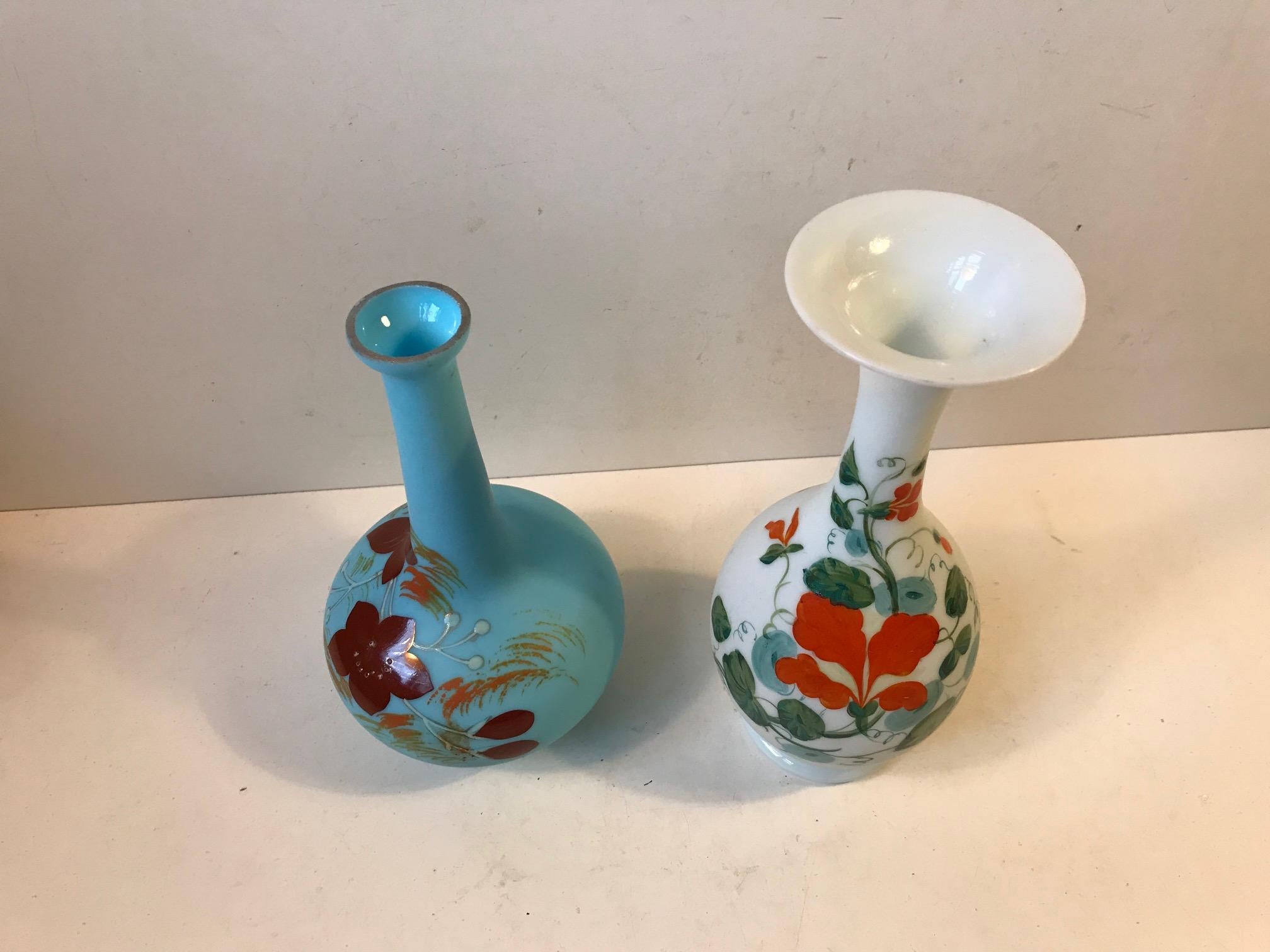 Hand-Painted Antique Danish Satin Opaline Glass Vases from Fyns Glasværk, 1900s For Sale