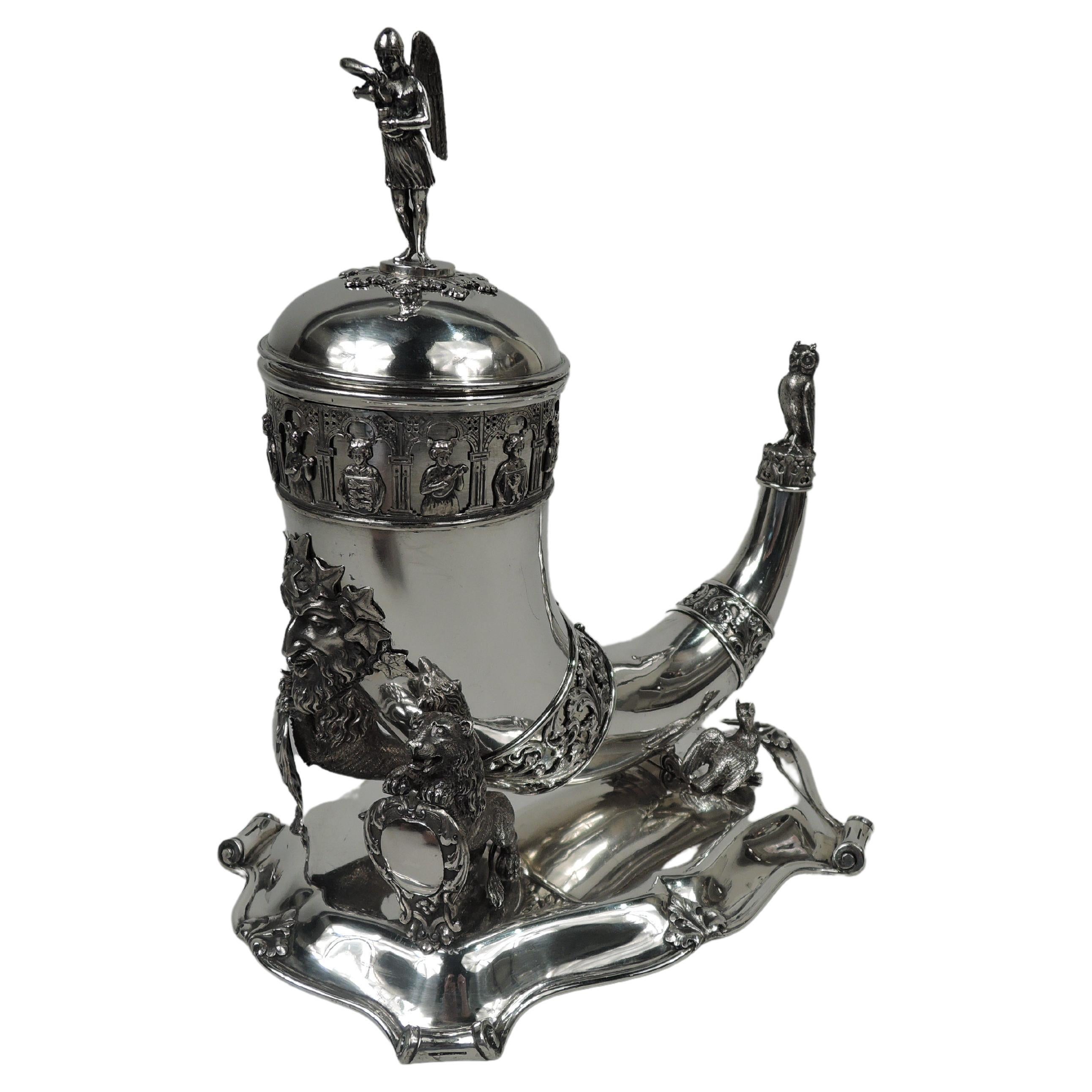 Antique Danish Silver Biedermeier Gothic Troubadour Horn on Stand, 1855 For Sale