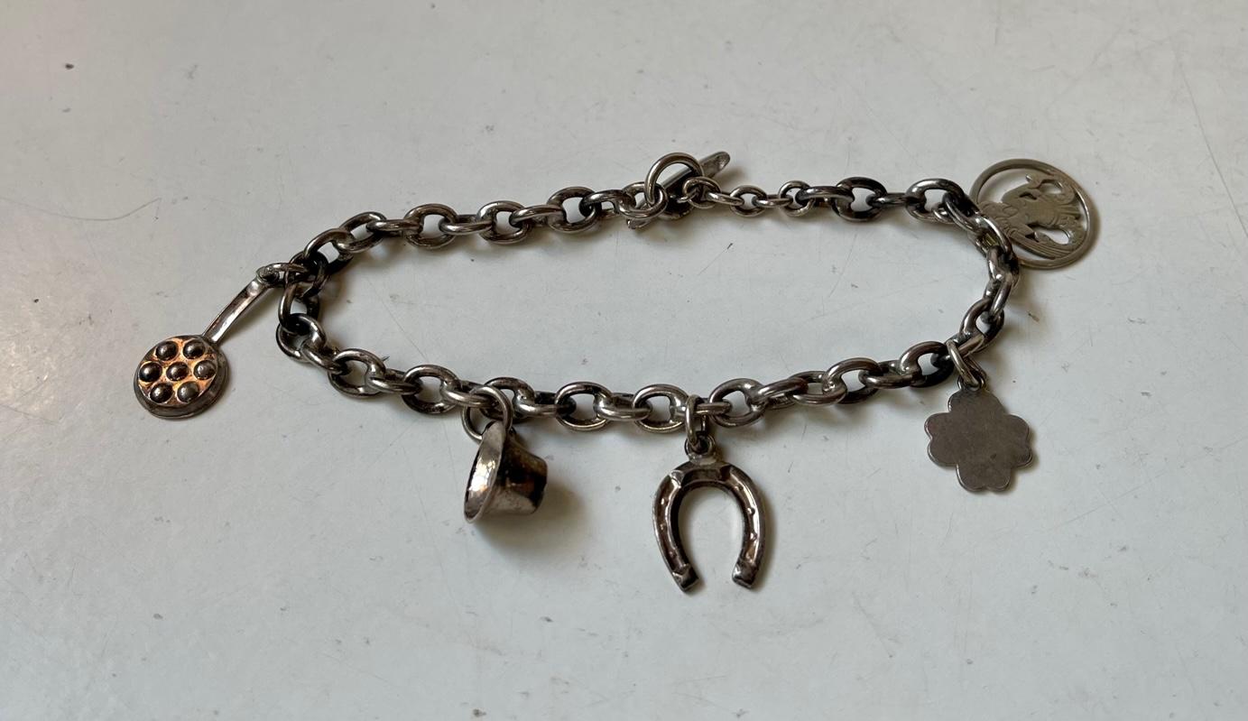 Art Deco Antique Danish Silver Charm Bracelet with 5 Charms For Sale