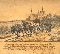 Antique Danish Søren Lund (1852-1933) etching with horse carriage and church