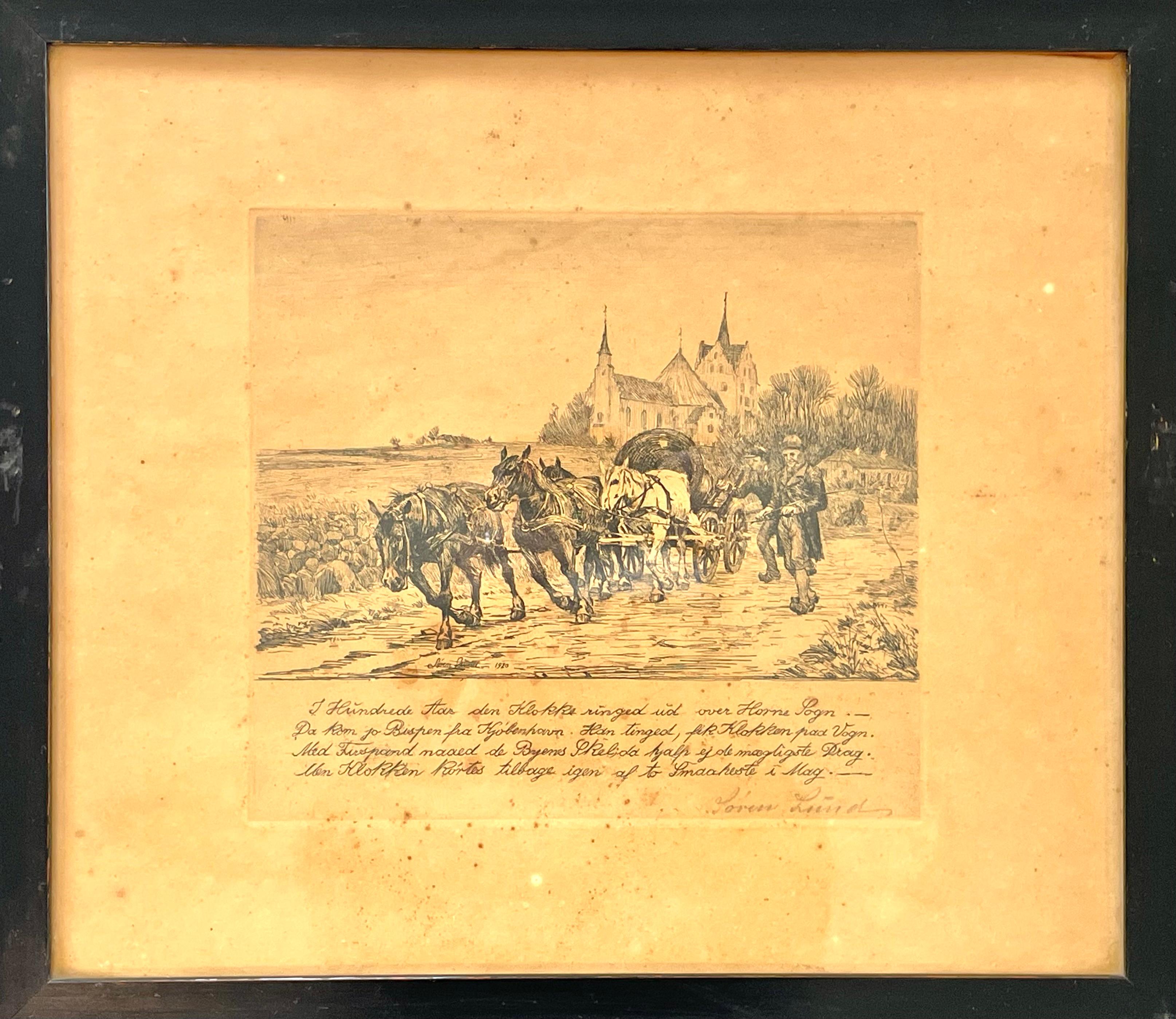 Art déco Gravure ancienne danoise de Søren Lund (1852-1933) avec calèche et église en vente