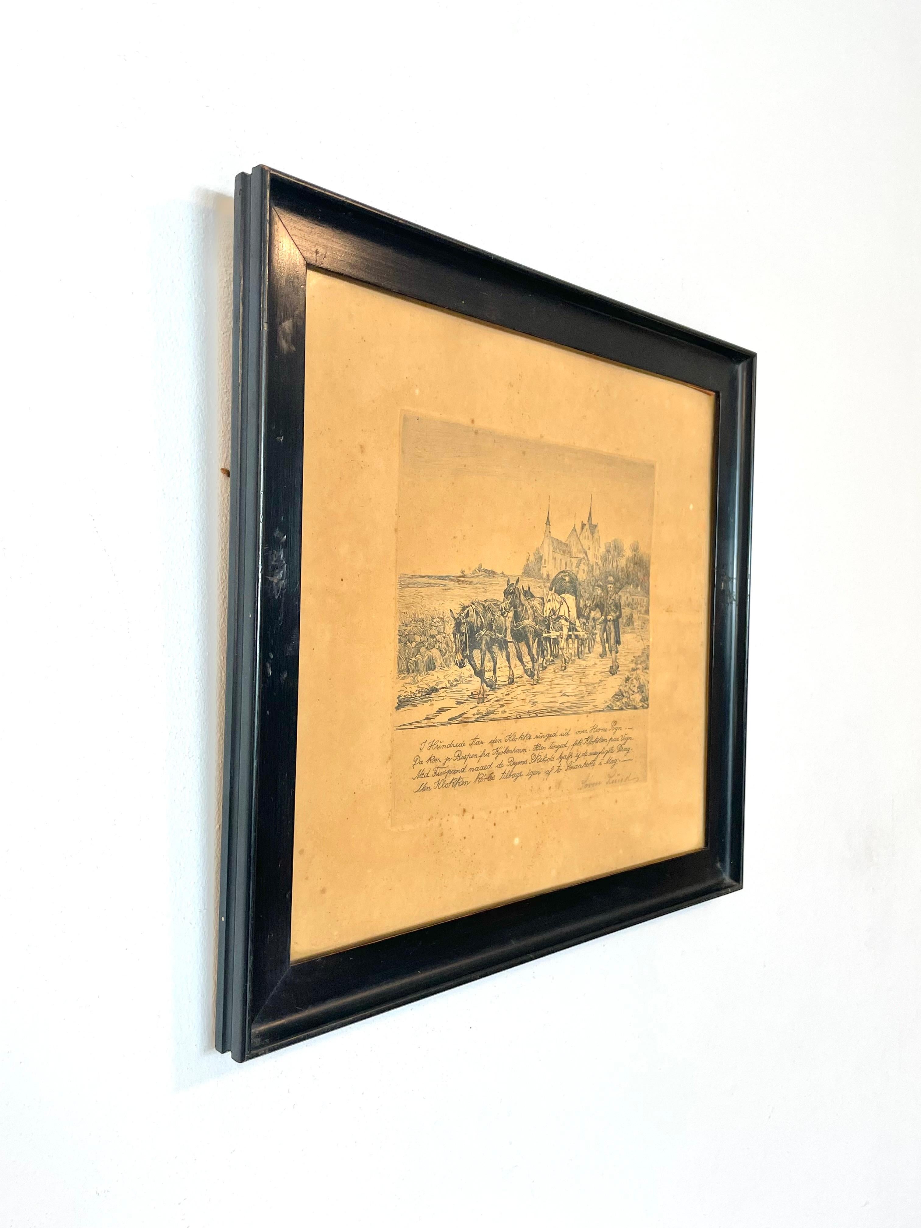 Danois Gravure ancienne danoise de Søren Lund (1852-1933) avec calèche et église en vente
