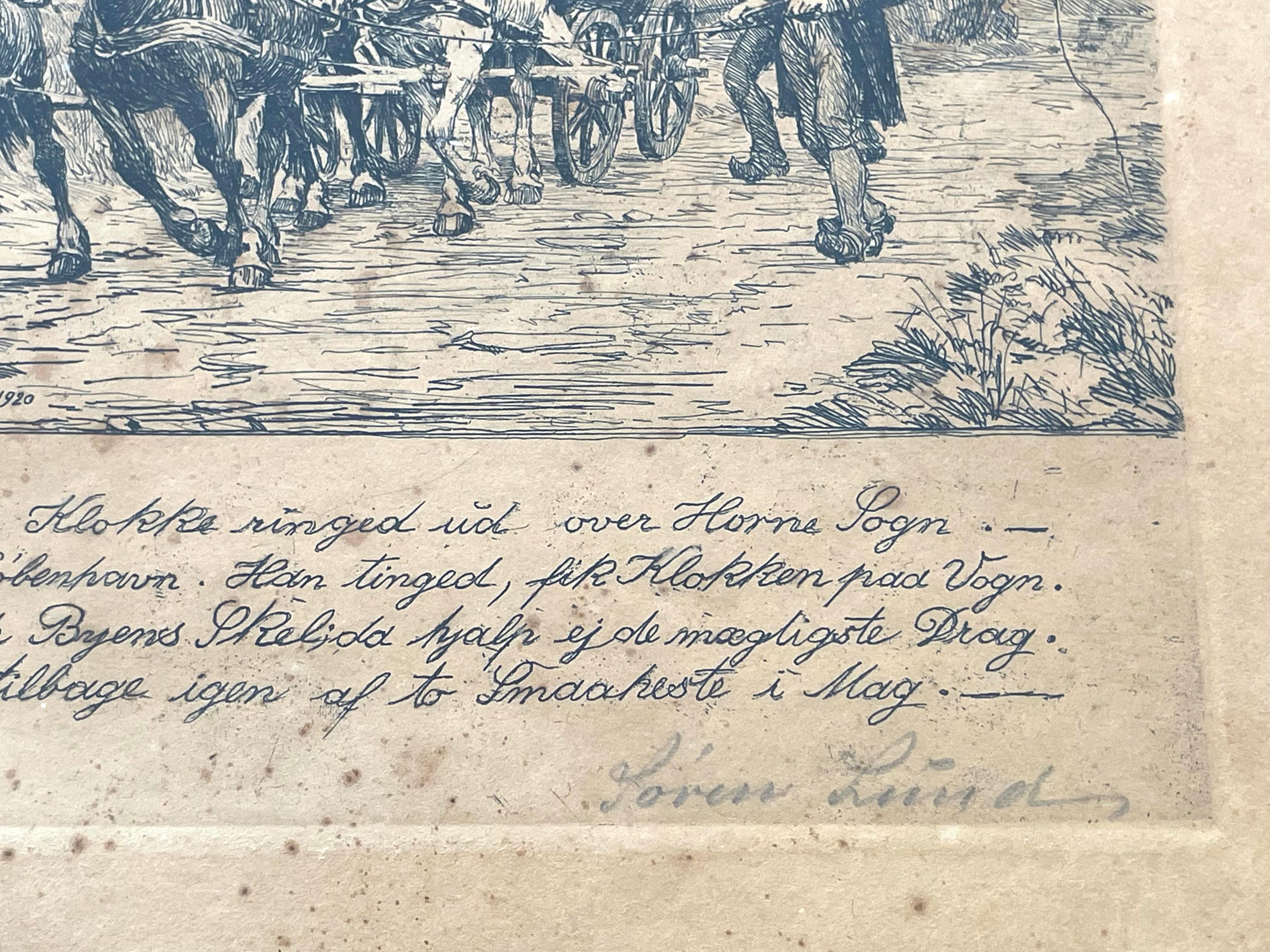 Gravure ancienne danoise de Søren Lund (1852-1933) avec calèche et église Bon état - En vente à Ebberup, DK