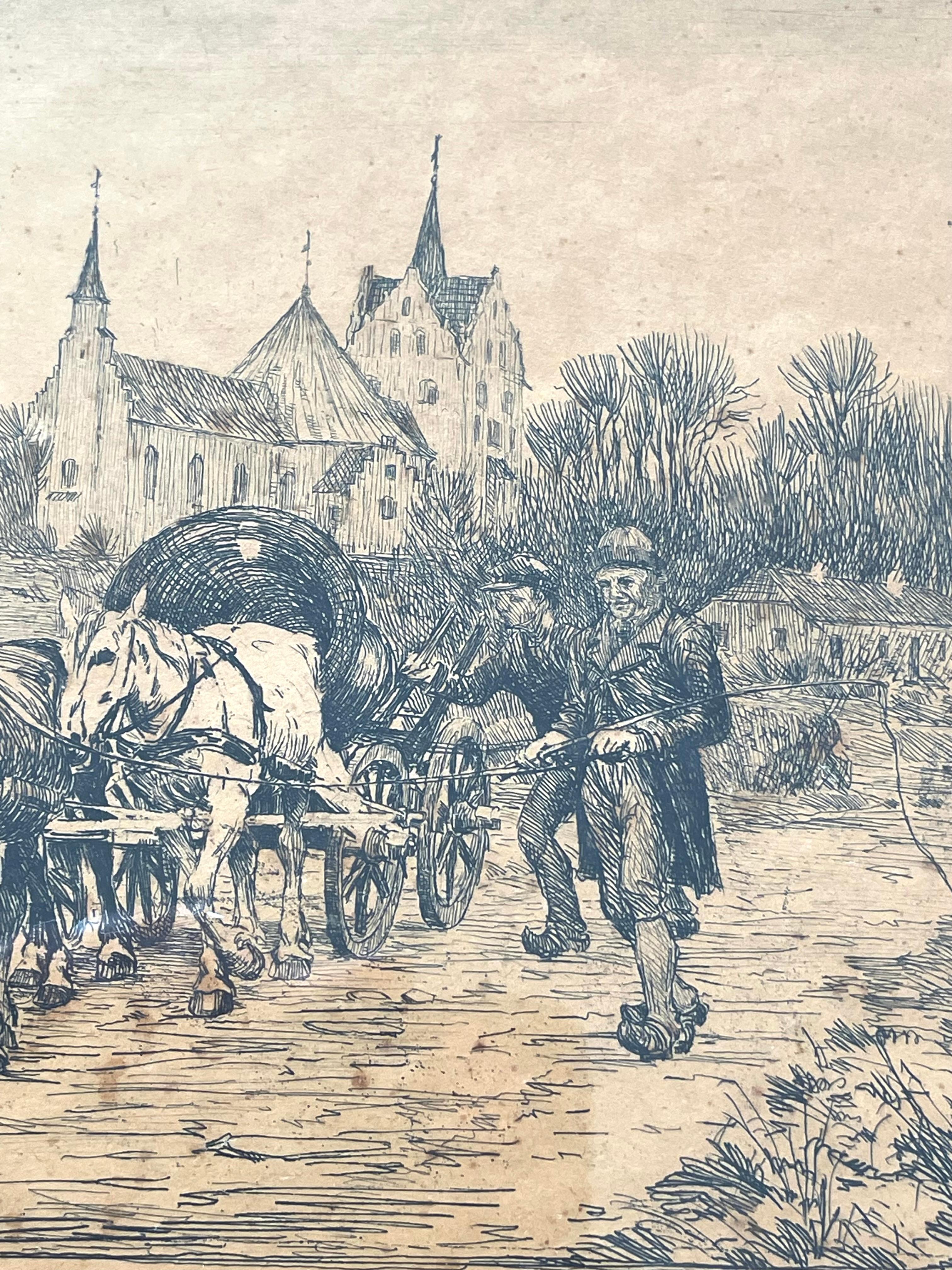 20ième siècle Gravure ancienne danoise de Søren Lund (1852-1933) avec calèche et église en vente