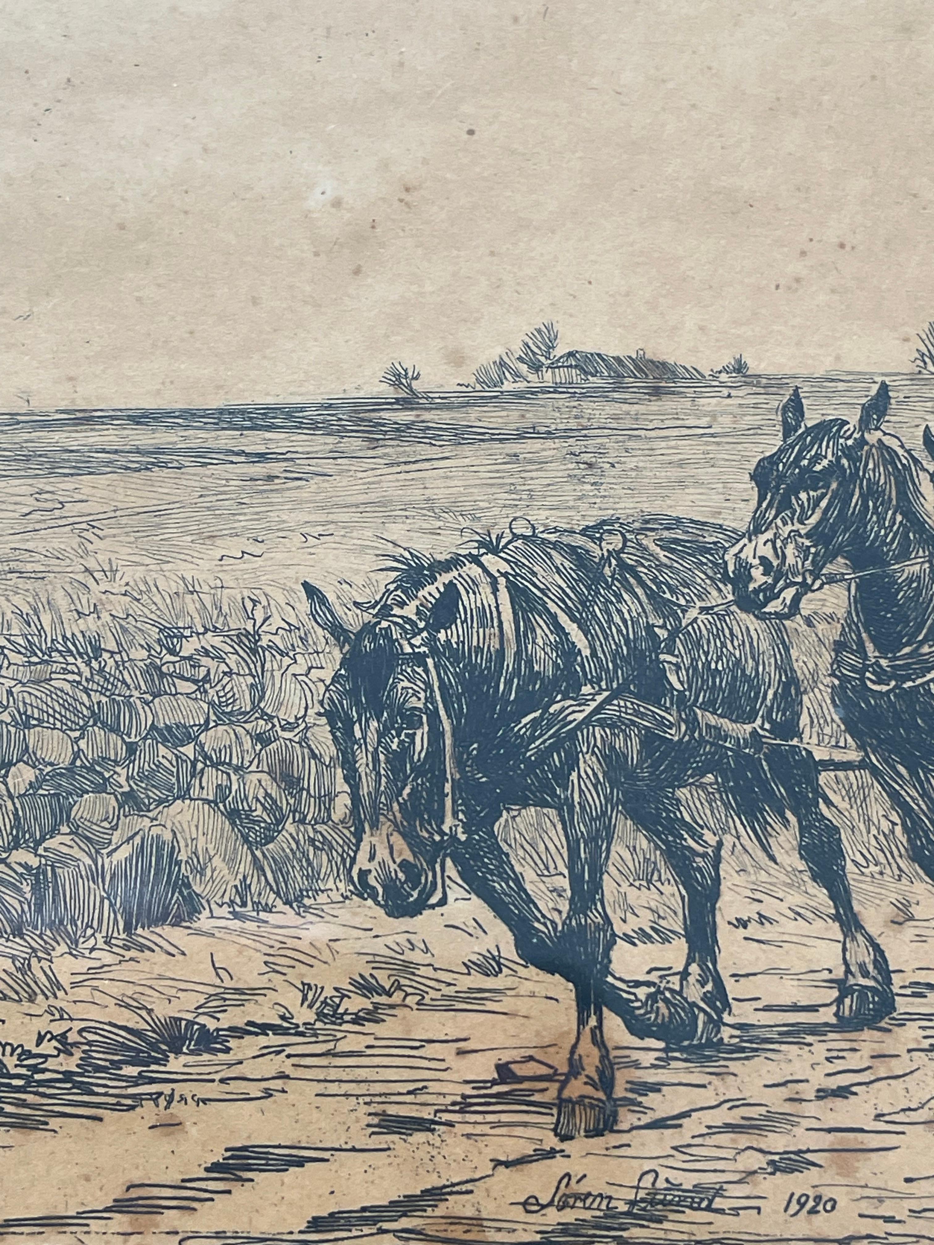 Verre Gravure ancienne danoise de Søren Lund (1852-1933) avec calèche et église en vente