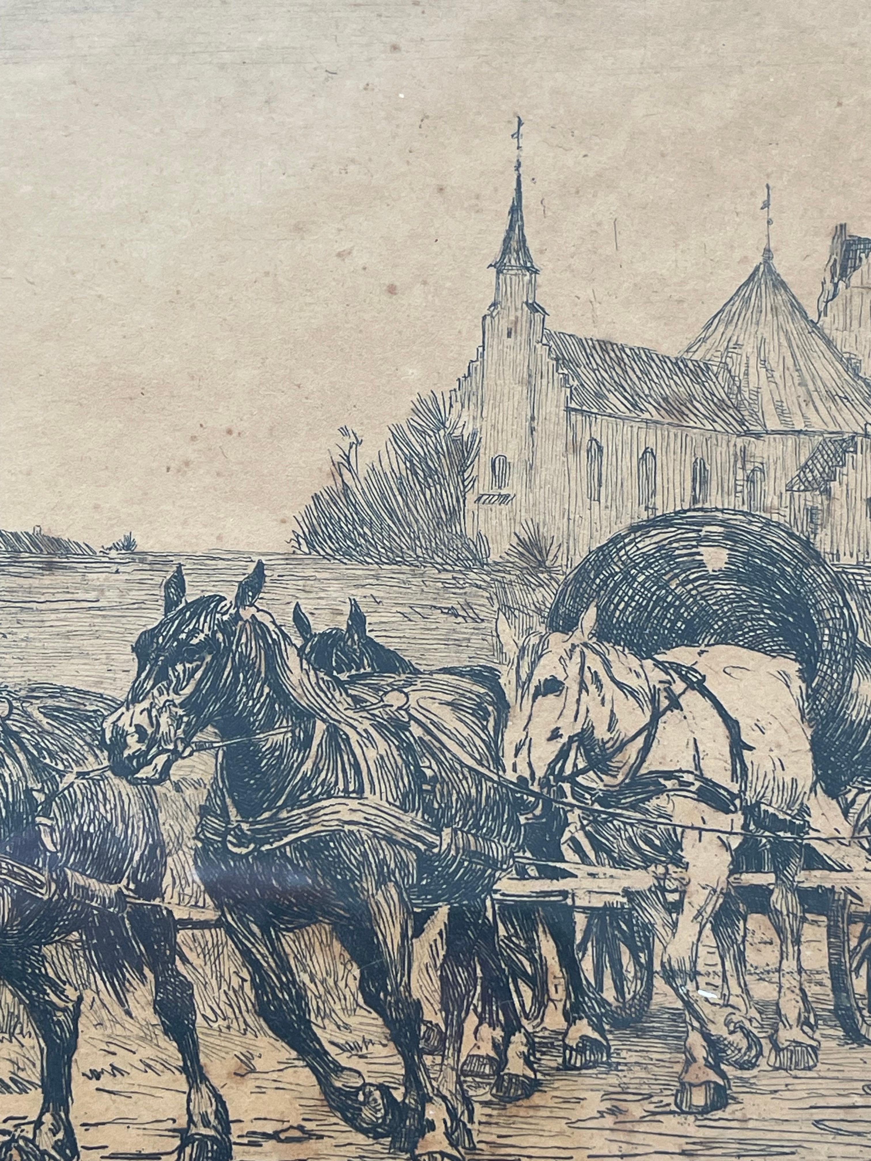 Gravure ancienne danoise de Søren Lund (1852-1933) avec calèche et église en vente 1