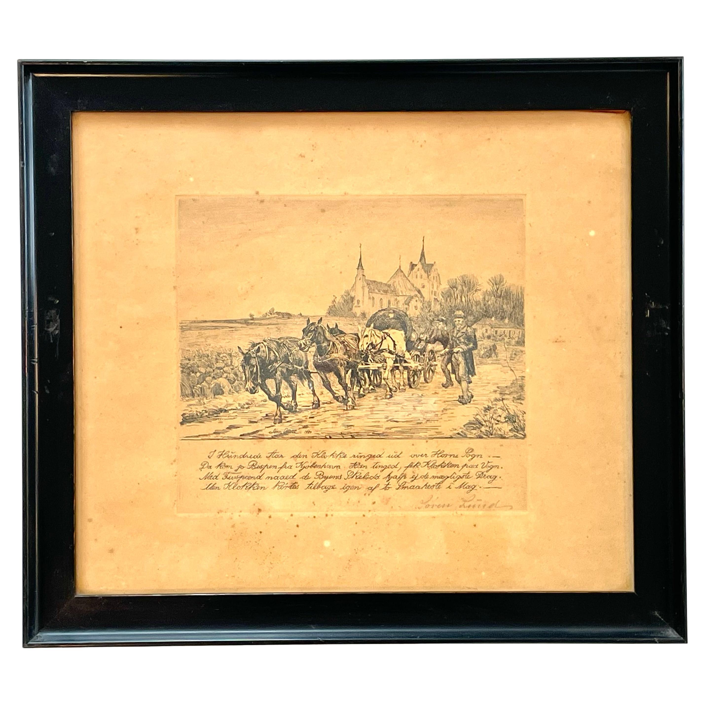 Antique Danish Søren Lund (1852-1933) etching with horse carriage and church