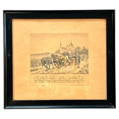 Antique Danish Søren Lund (1852-1933) etching with horse carriage and church