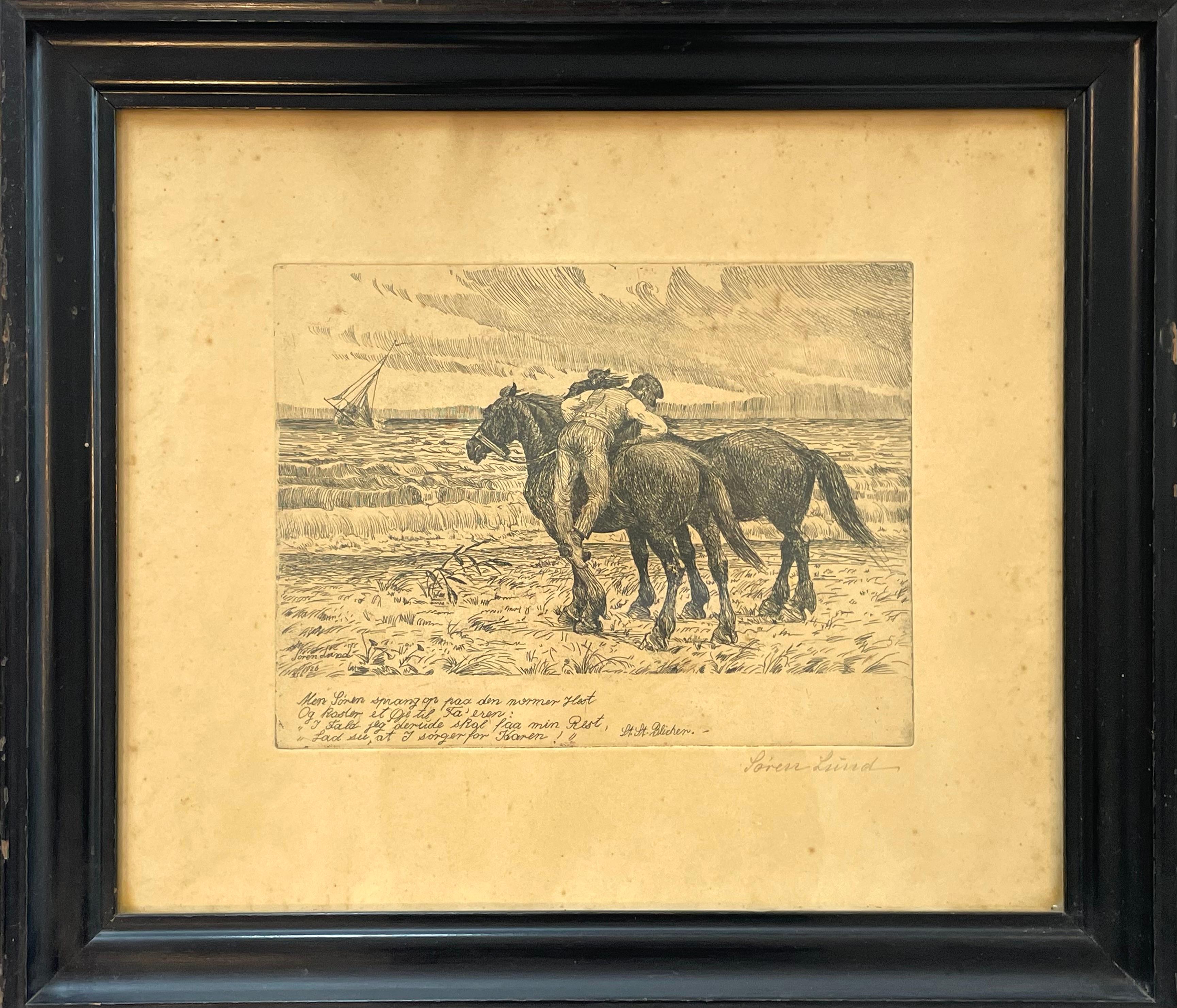 Antique Danish Søren Lund (1852-1933) etchings with St. St. Blicher qoutes For Sale 5