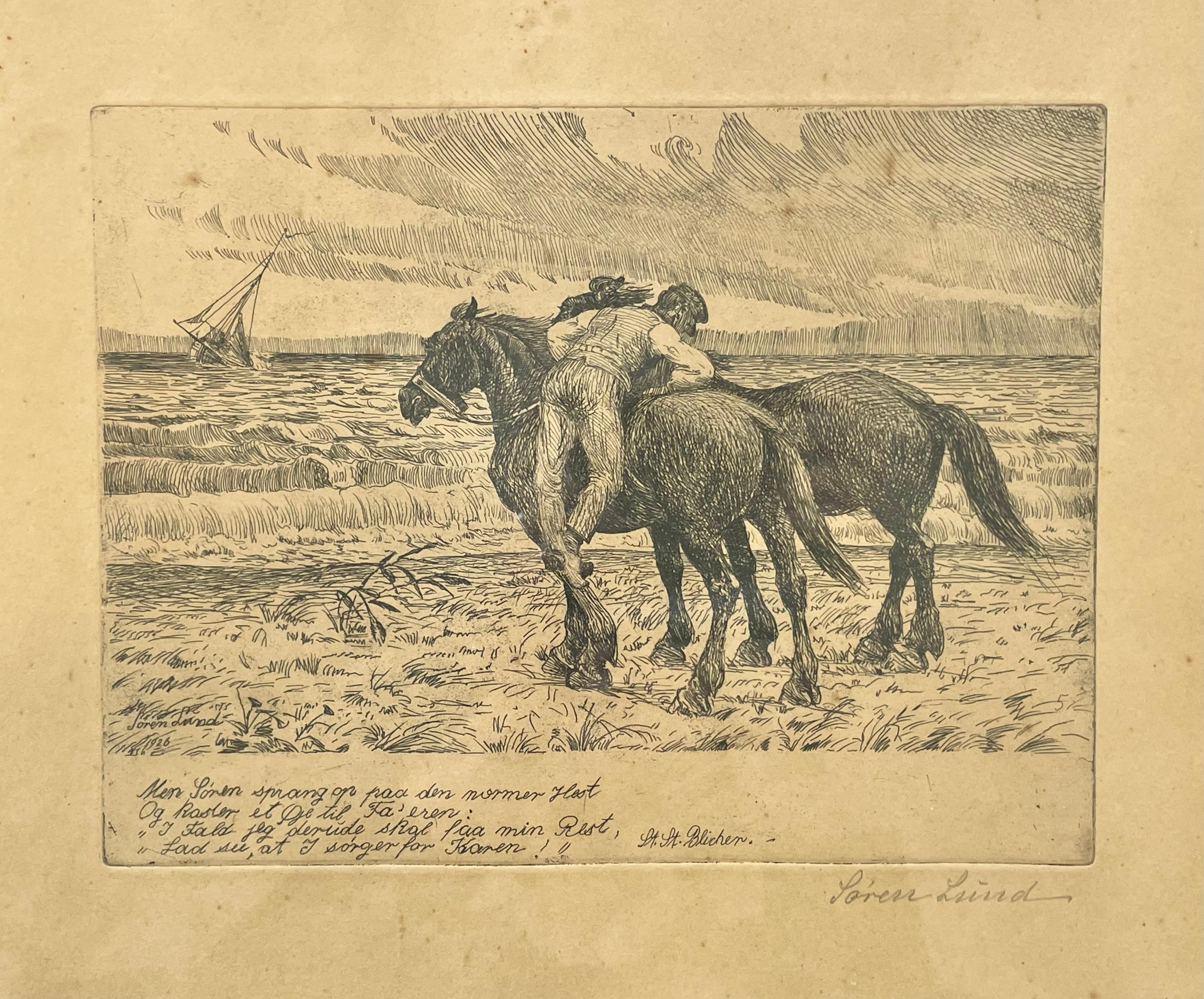 Antique Danish Søren Lund (1852-1933) etchings with St. St. Blicher qoutes For Sale 6