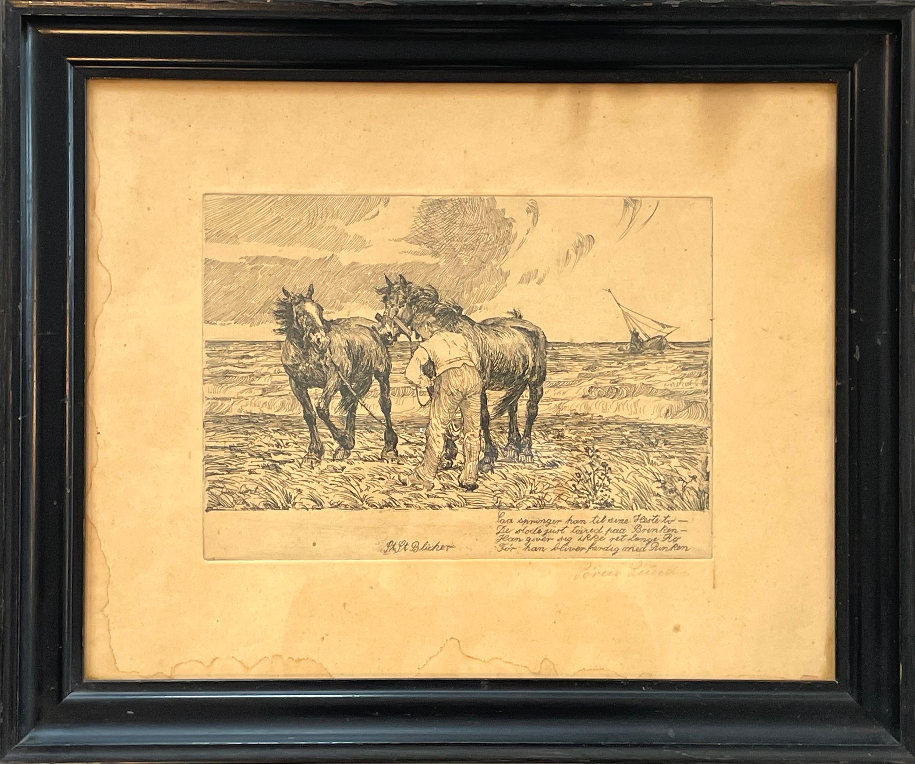 This is a pair of antique etchings by renowned Danish artist Søren Lund.
The etchings have motives of a man handeling two horses on the beach with the ocean and a lonely sailboat in the background.

Both pieces have quotes from the poem “Søren