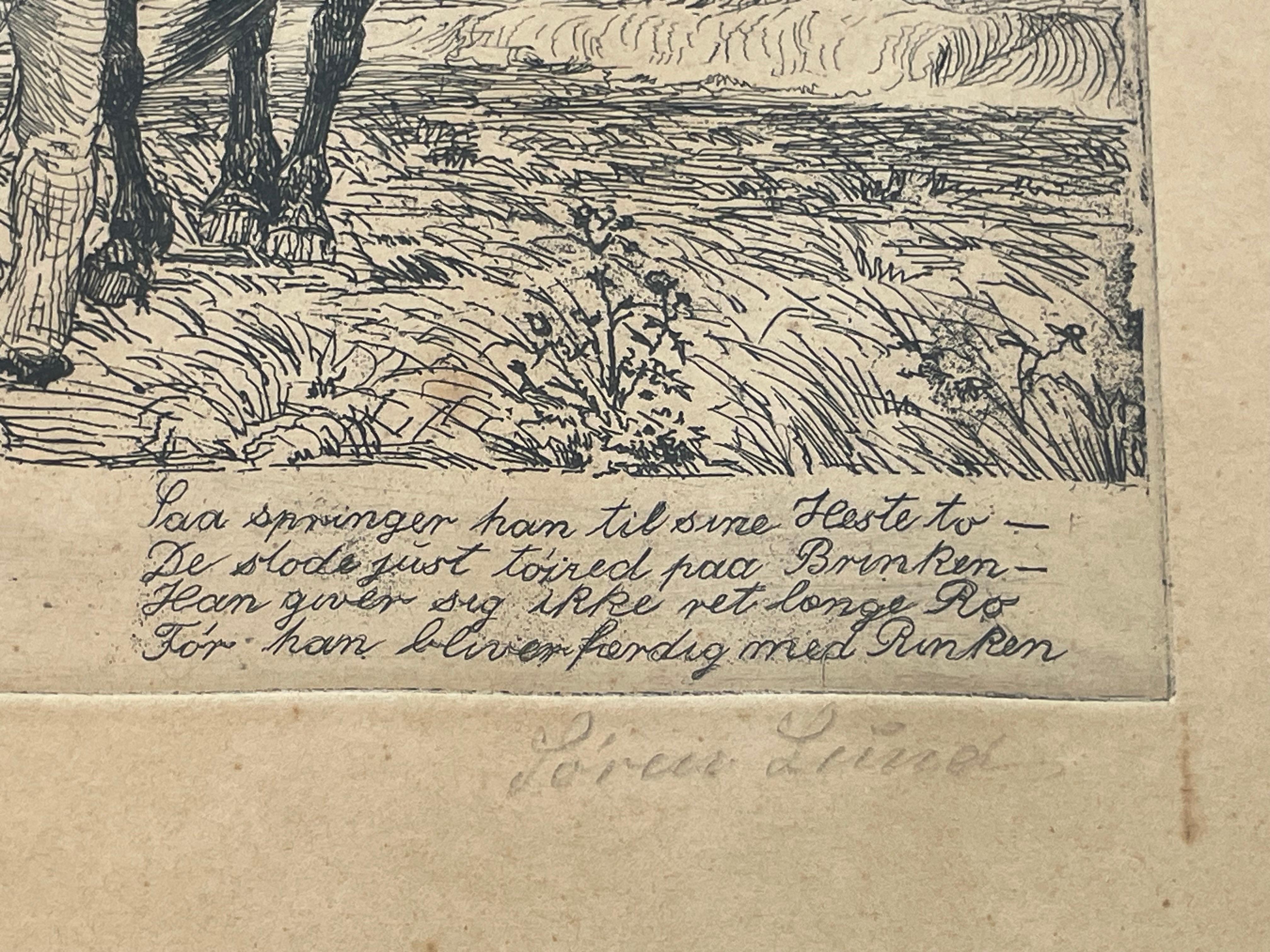 Antique Danish Søren Lund (1852-1933) etchings with St. St. Blicher qoutes In Good Condition For Sale In Ebberup, DK