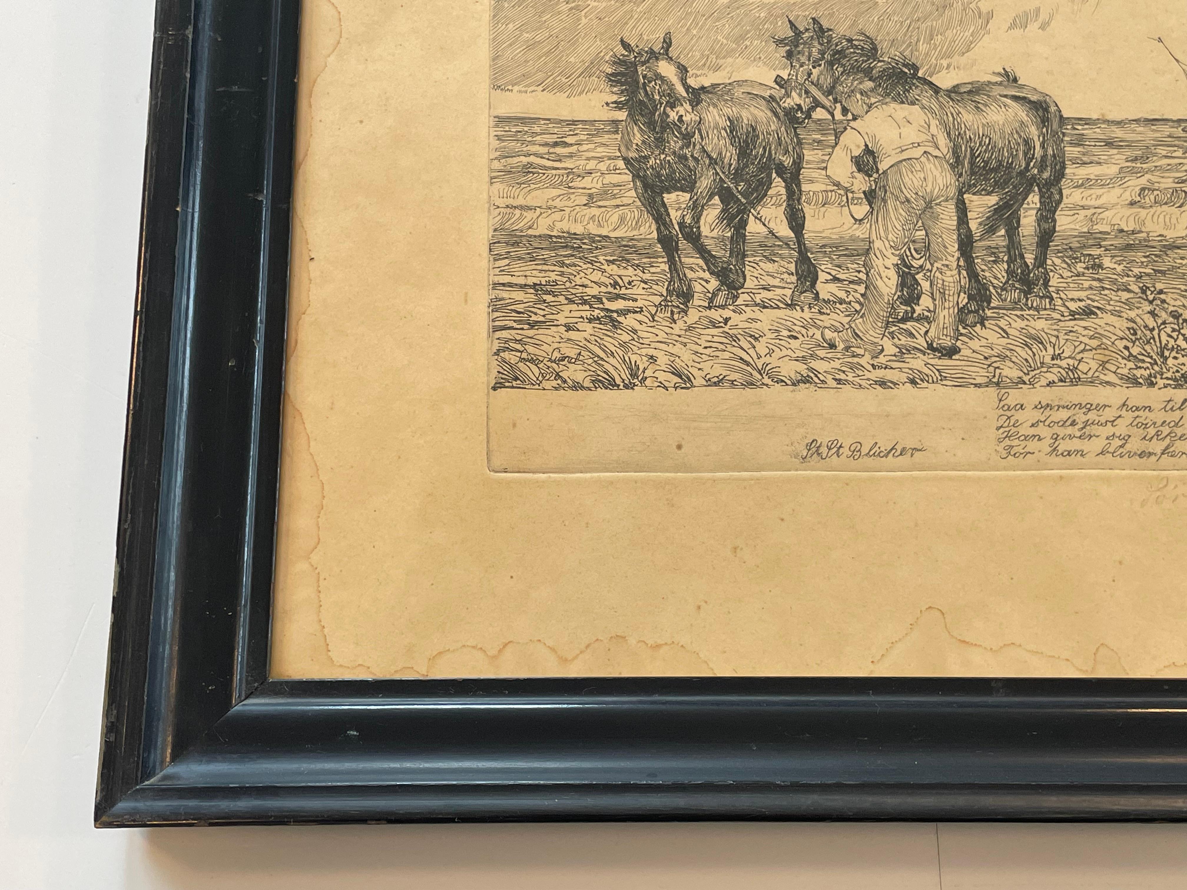 Antique Danish Søren Lund (1852-1933) etchings with St. St. Blicher qoutes For Sale 1