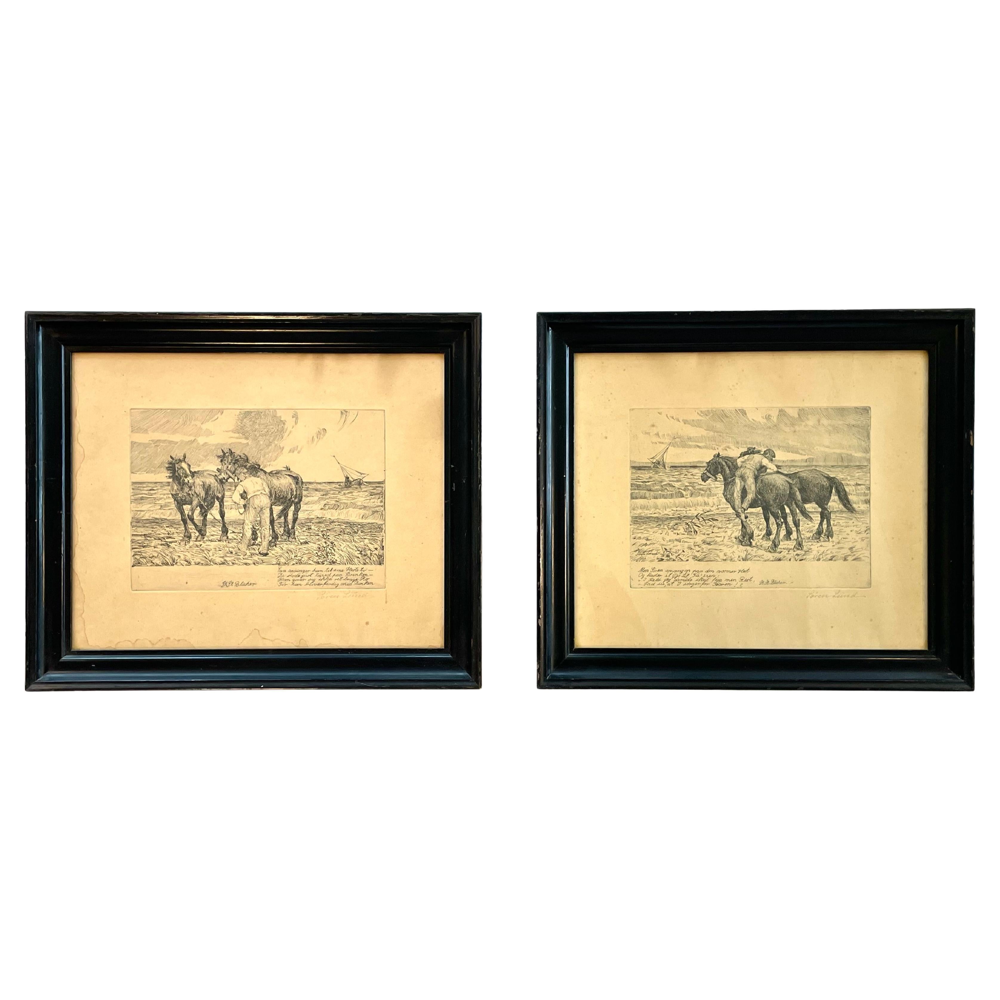 Antique Danish Søren Lund (1852-1933) etchings with St. St. Blicher qoutes For Sale