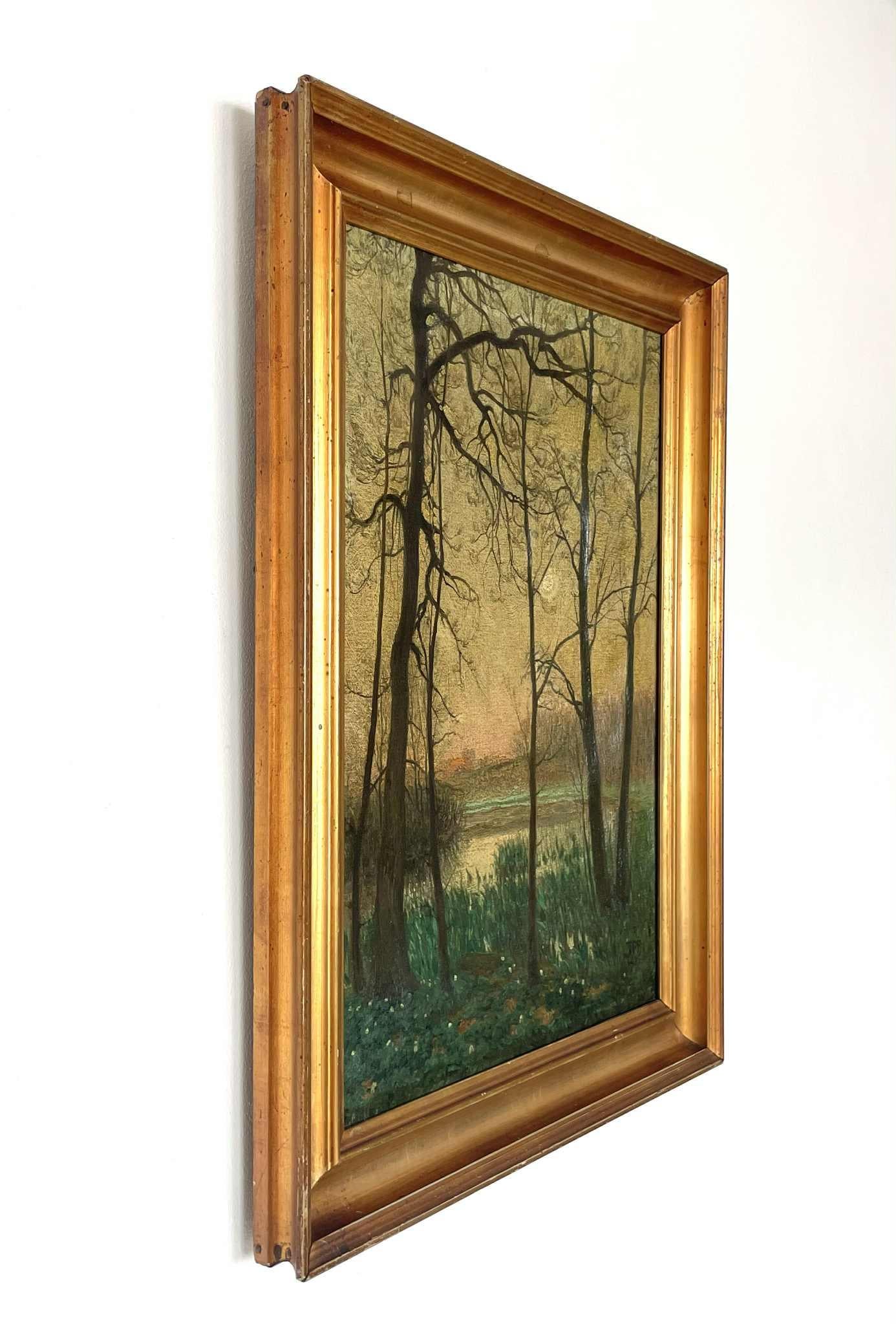 Romantique Ancienne peinture danoise de paysage crépusculaire avec des arbres et de l'eau datant de 1925 en vente