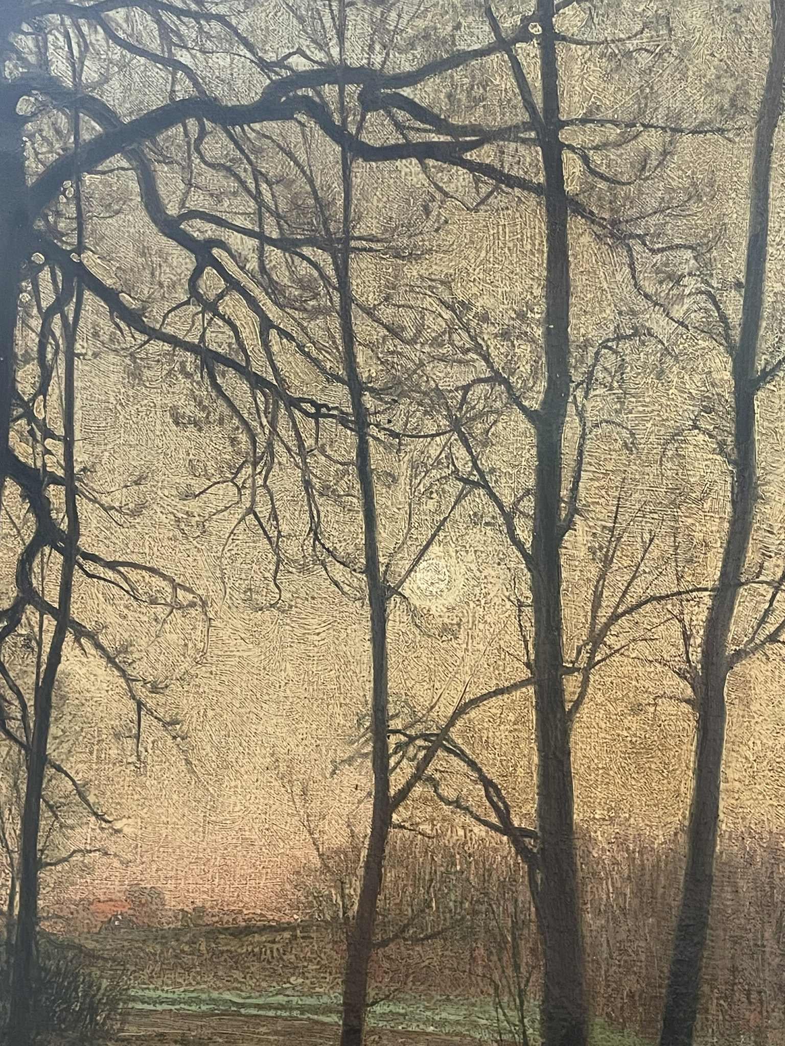 Danois Ancienne peinture danoise de paysage crépusculaire avec des arbres et de l'eau datant de 1925 en vente
