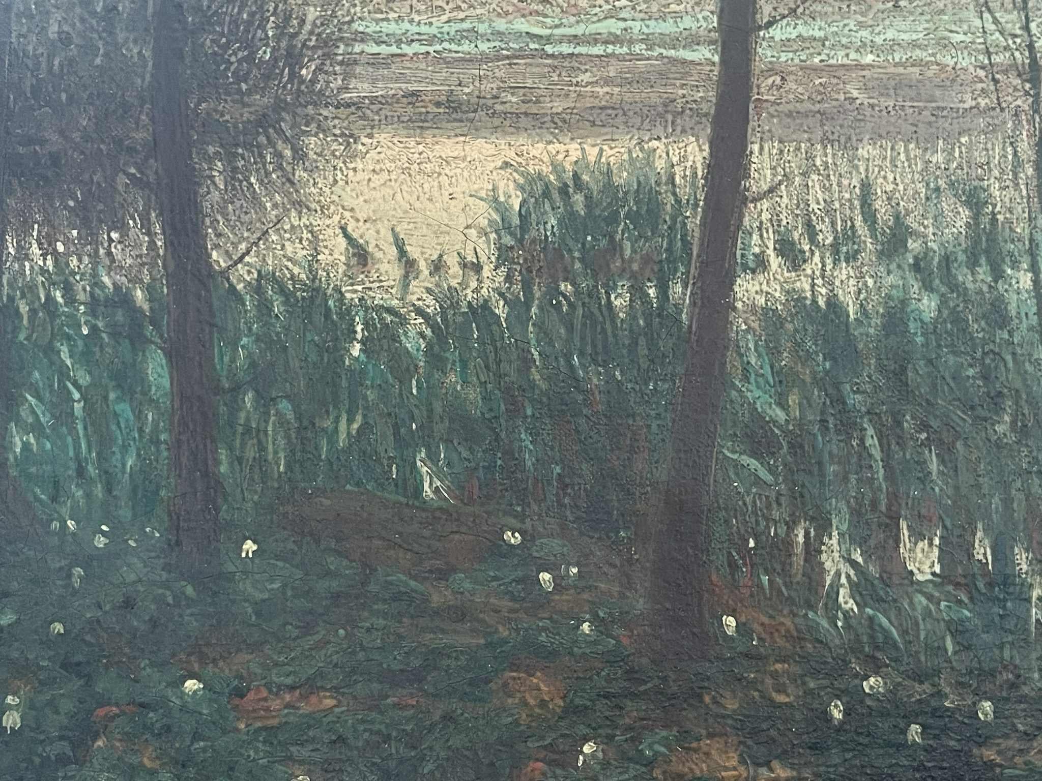 20ième siècle Ancienne peinture danoise de paysage crépusculaire avec des arbres et de l'eau datant de 1925 en vente