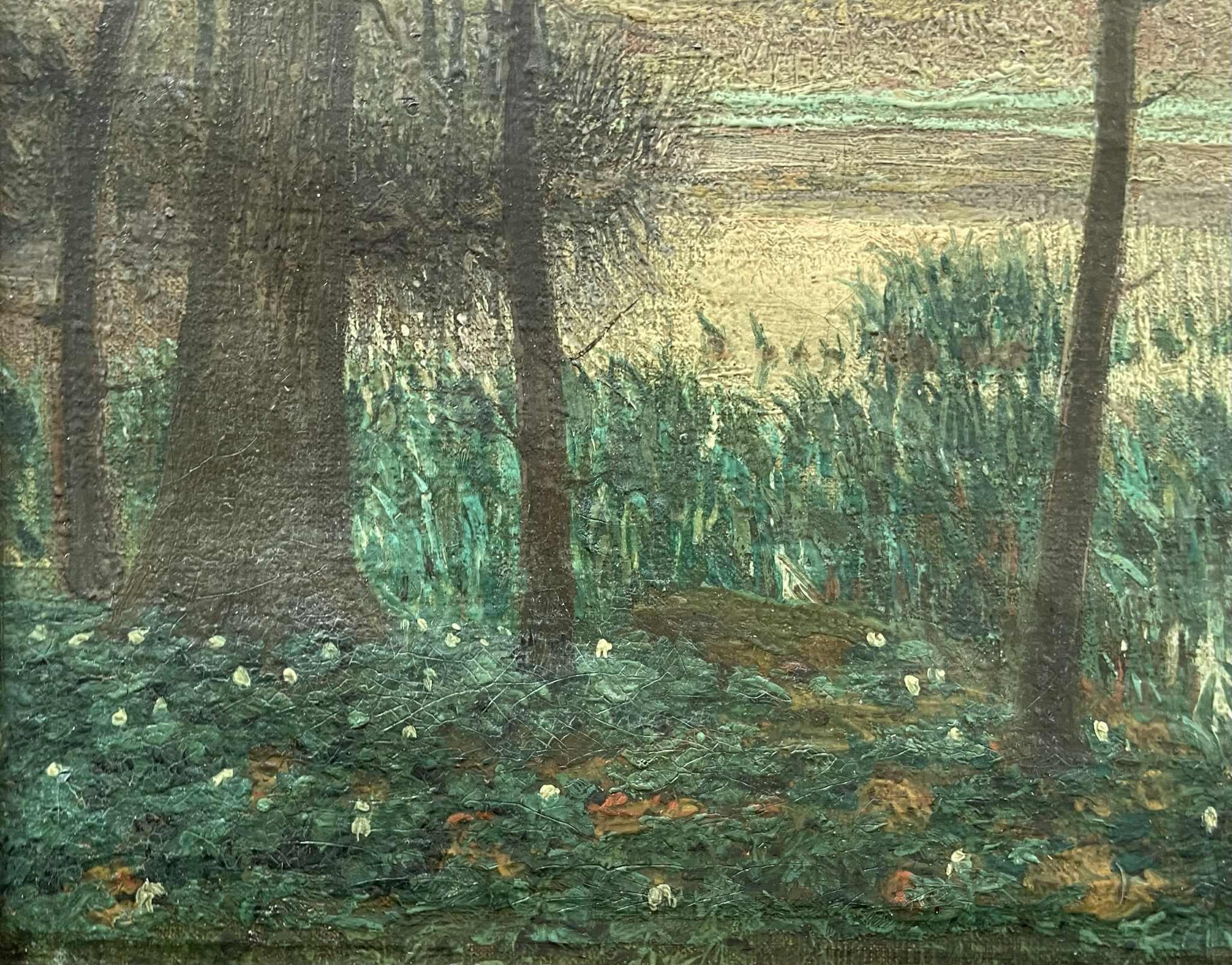 Bois Ancienne peinture danoise de paysage crépusculaire avec des arbres et de l'eau datant de 1925 en vente