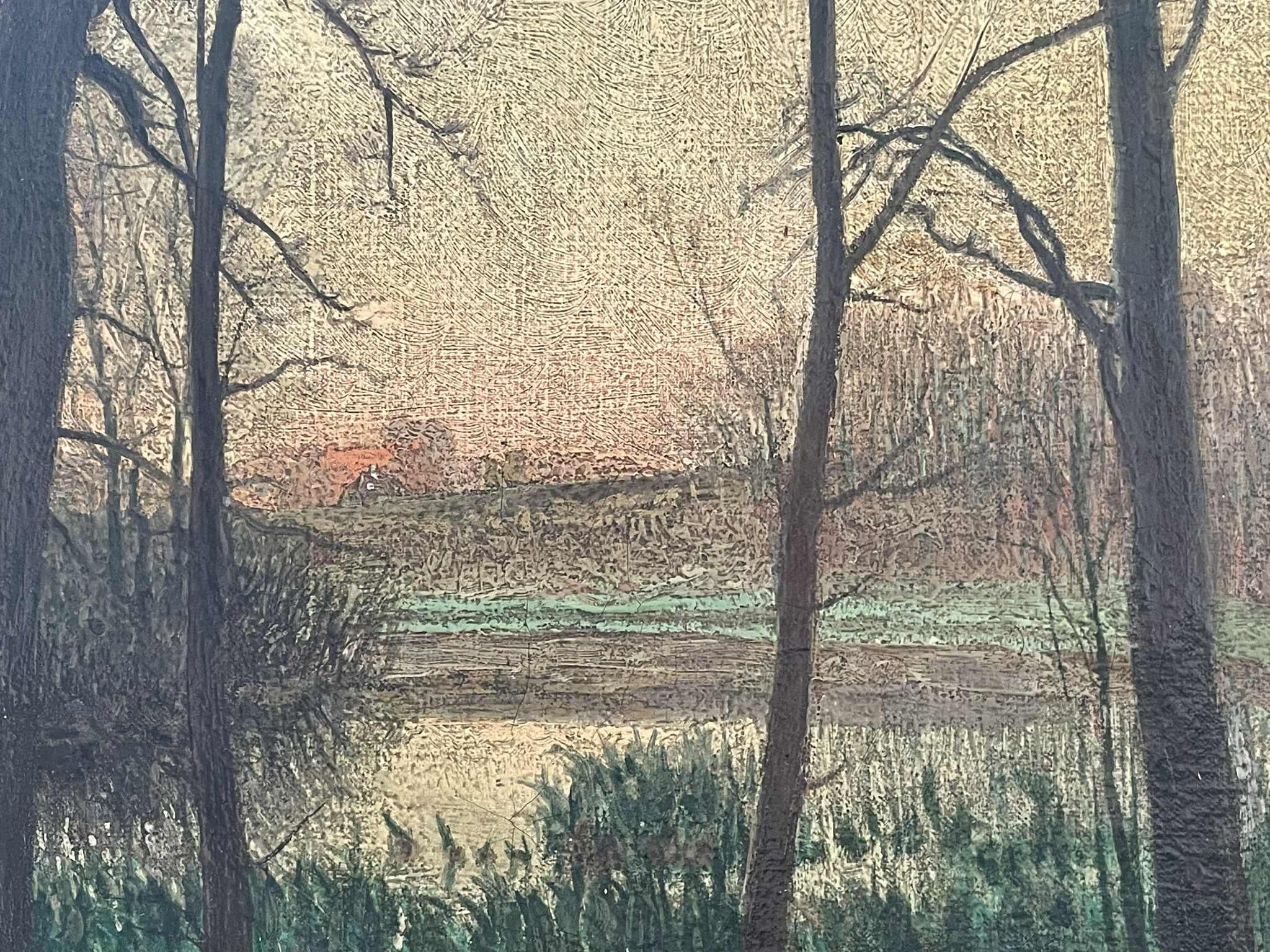 Ancienne peinture danoise de paysage crépusculaire avec des arbres et de l'eau datant de 1925 en vente 1