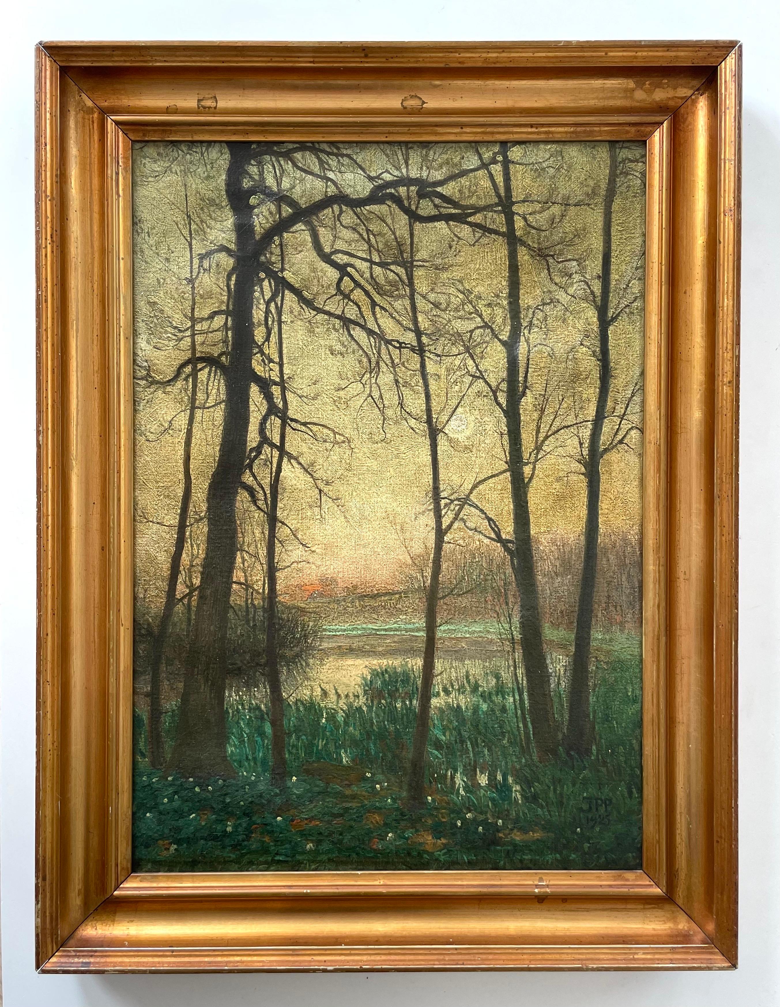 Ancienne peinture danoise de paysage crépusculaire avec des arbres et de l'eau datant de 1925